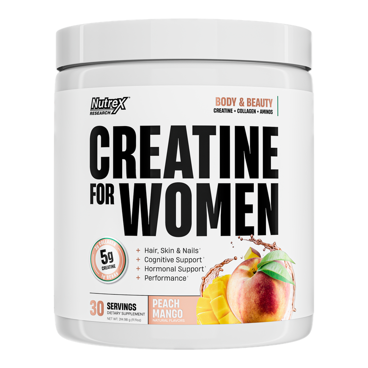 A white container of Nutrex Research Creatine for Women, featuring a peach and mango flavor, highlights benefits for hair, skin, nails, cognitive support, and performance, with 30 servings listed.