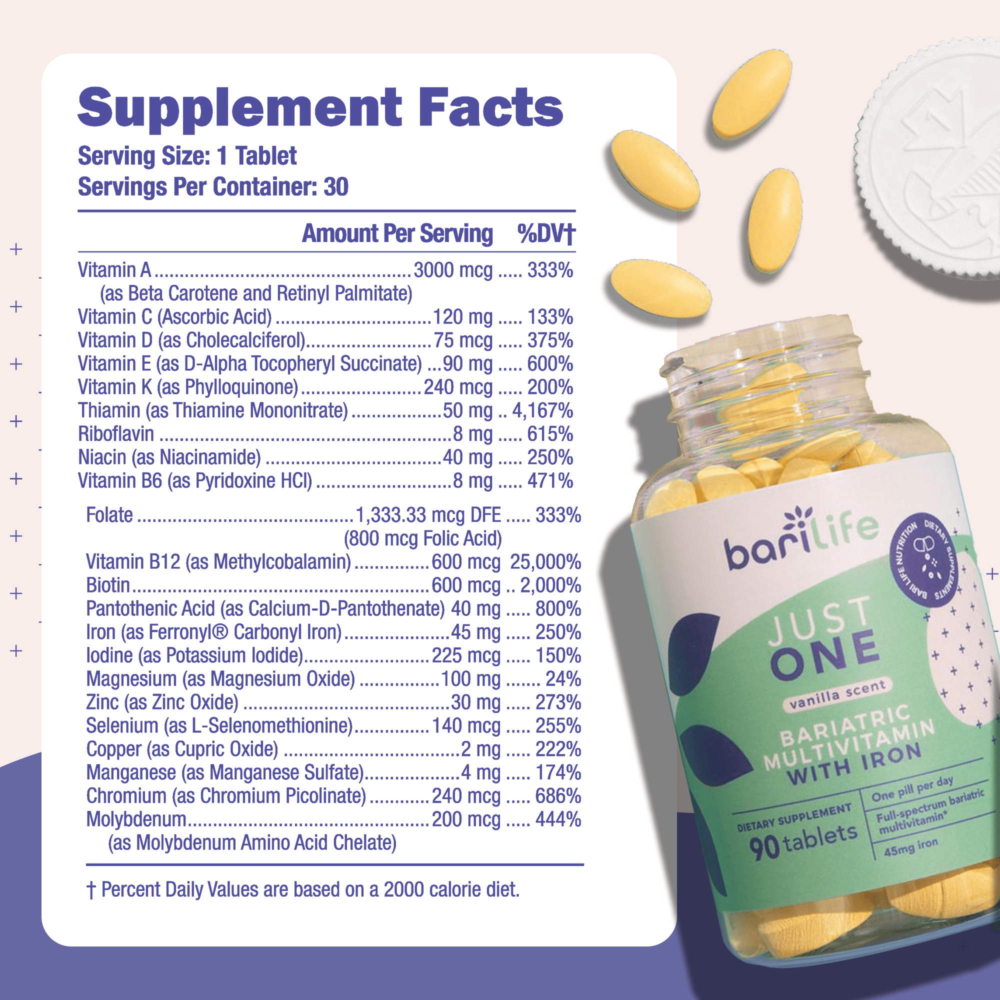 A bottle of BariLife Just One bariatric multivitamin with iron sits on a light background, surrounded by yellow tablets, displaying detailed supplement facts and serving information.