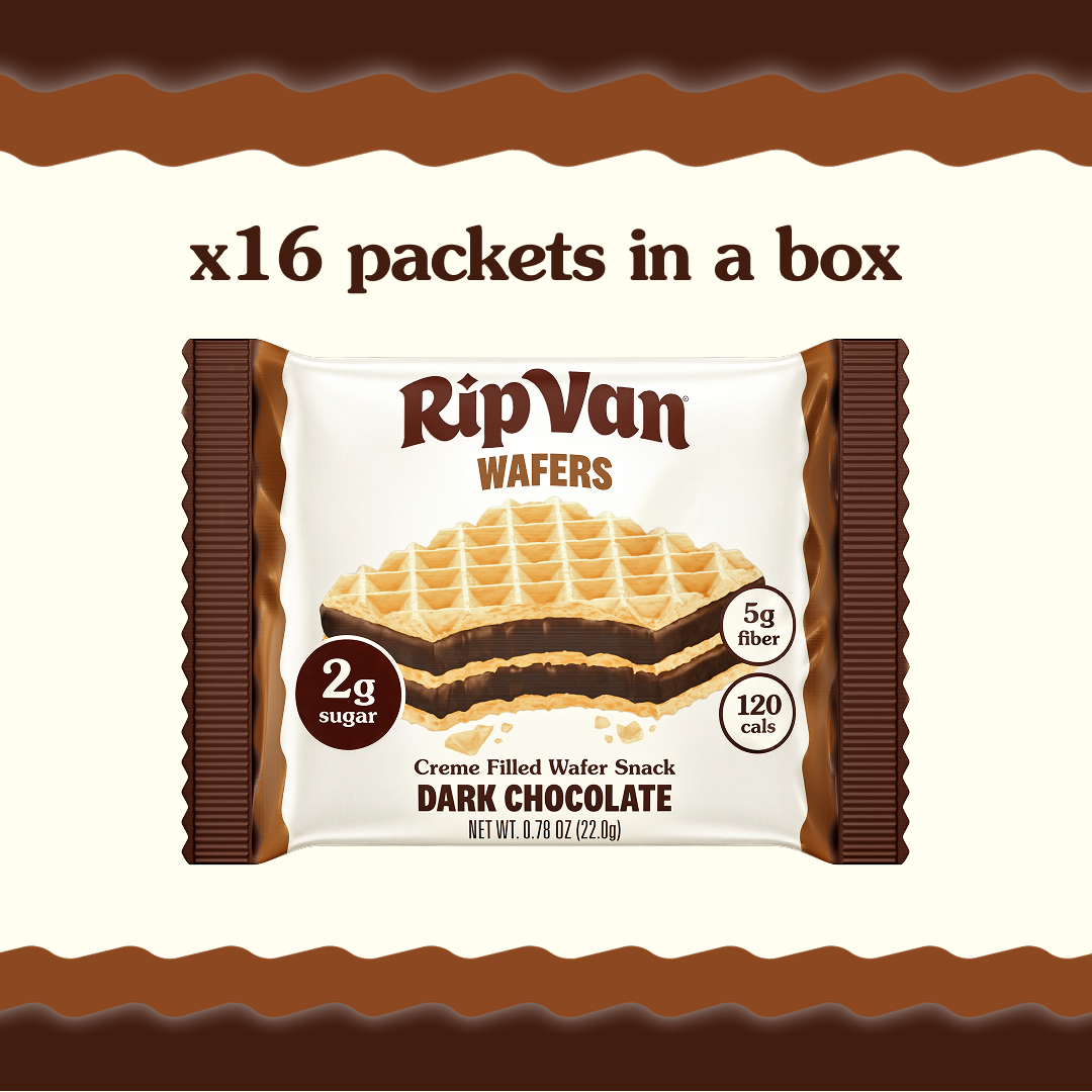RipVan Wafers packaging features dark chocolate creme-filled wafers, highlighting nutritional details like 2 grams of sugar and 5 grams of fiber, with a total of 16 packets in the box.