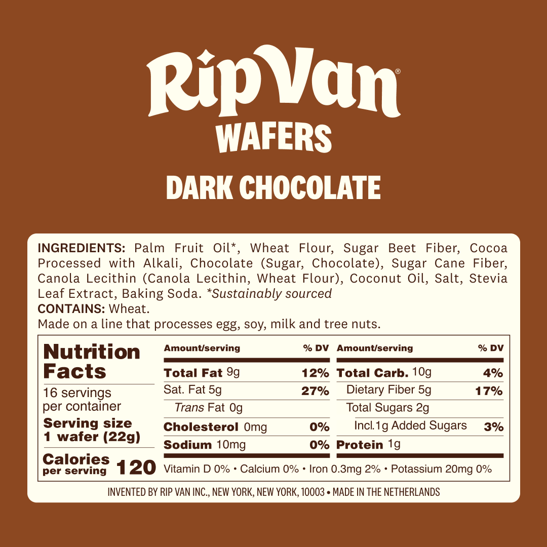 Dark chocolate wafers from Rip Van are displayed, featuring a list of ingredients and nutrition facts, highlighting their sustainable sourcing and allergen information.