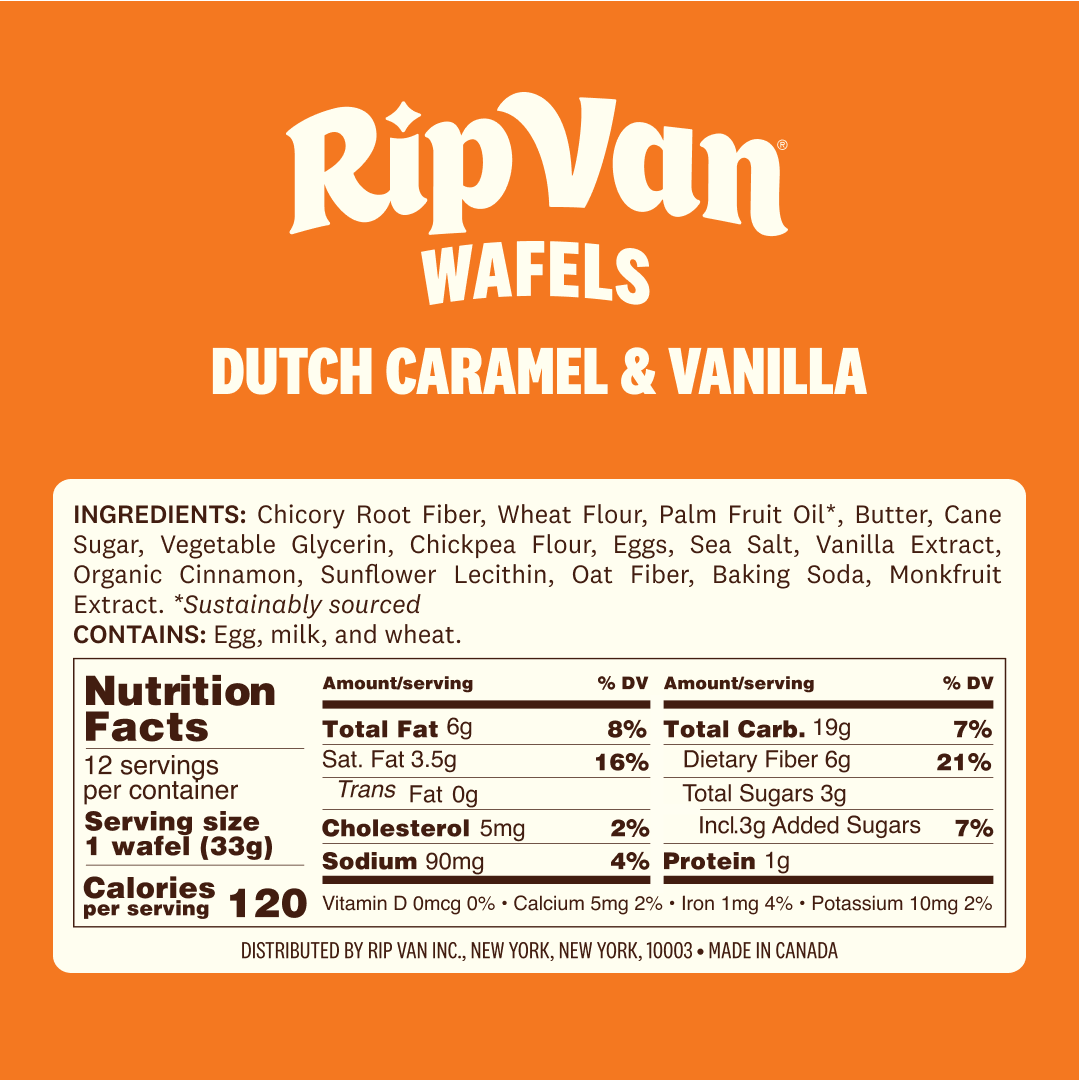 A bright orange package displays "Rip Van Wafels Dutch Caramel & Vanilla," featuring ingredient details and nutrition facts for a snack made with various wholesome ingredients.