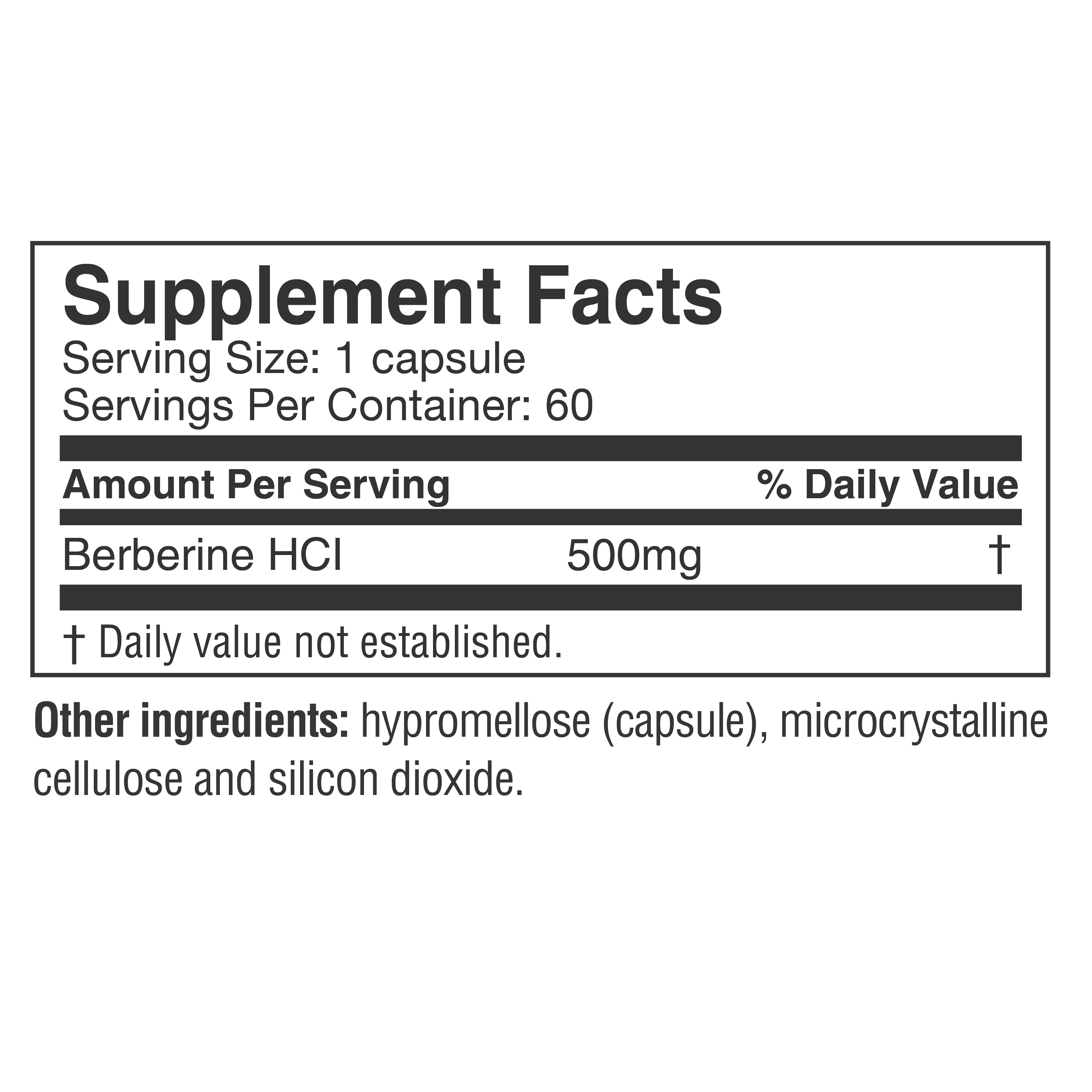 A supplement facts label lists the serving size as one capsule, with 60 servings per container, detailing 500mg of Berberine HCl and additional ingredients like hypromellose and microcrystalline cellulose.