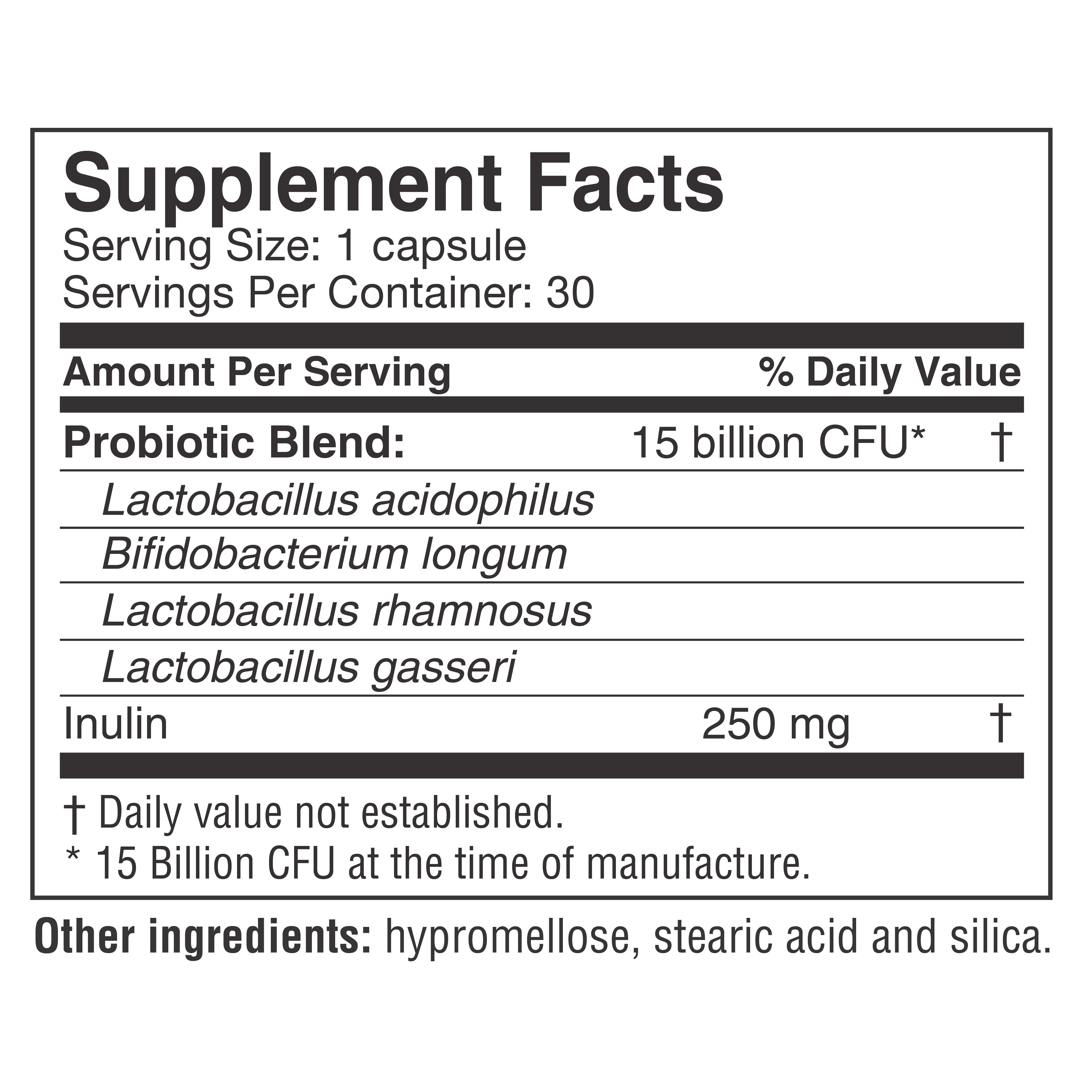 Supplement facts label detailing a probiotic blend with 15 billion CFU, listing ingredients like Lactobacillus acidophilus and Bifidobacterium longum, along with additional components like inulin.