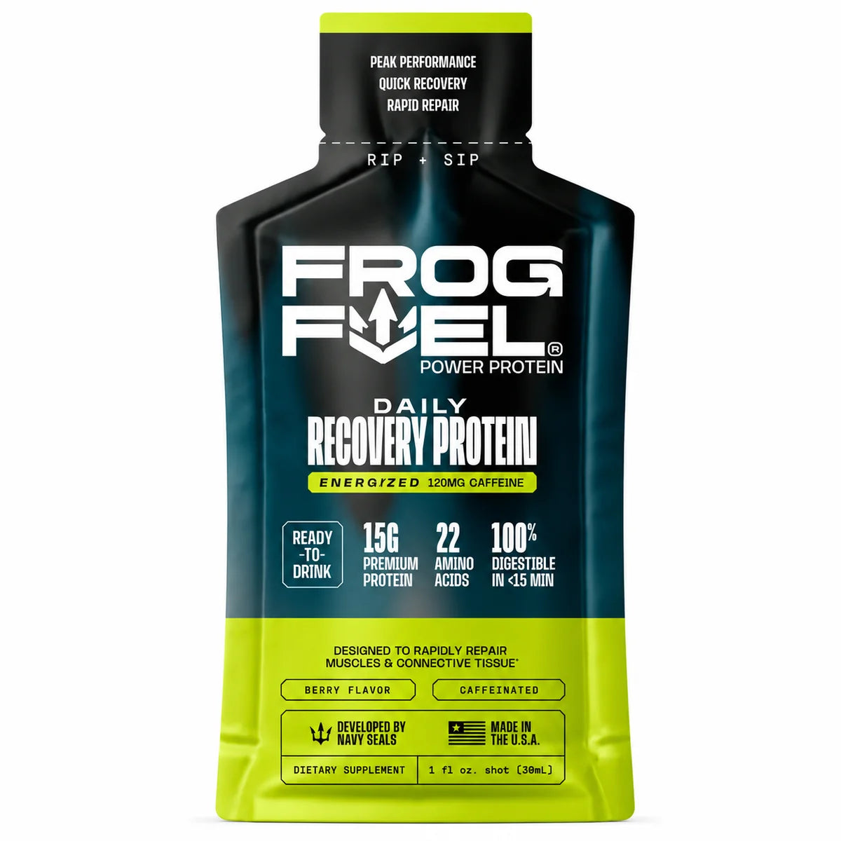 A black and green pouch labeled "Frog Fuel Power Protein" contains daily recovery protein, highlighting 15g of protein, 120mg of caffeine, and a berry flavor, designed for muscle repair.