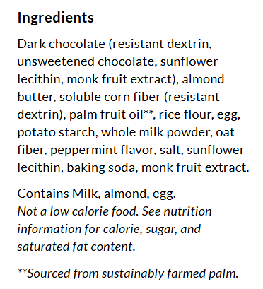 A list of ingredients for a food product, including dark chocolate, almond butter, and various other components, with notes on allergens and nutritional information.