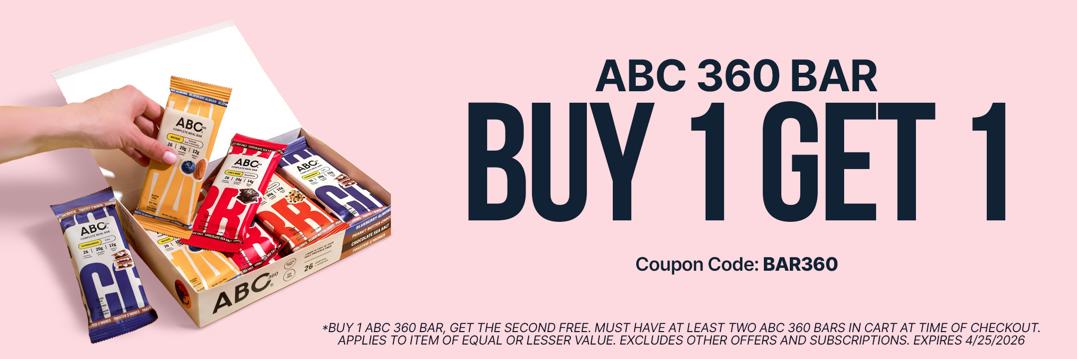A hand holds an ABC 360 bar in a colorful box filled with various flavors, with promotional text stating "Buy 1 Get 1" and a coupon code on a pink background.