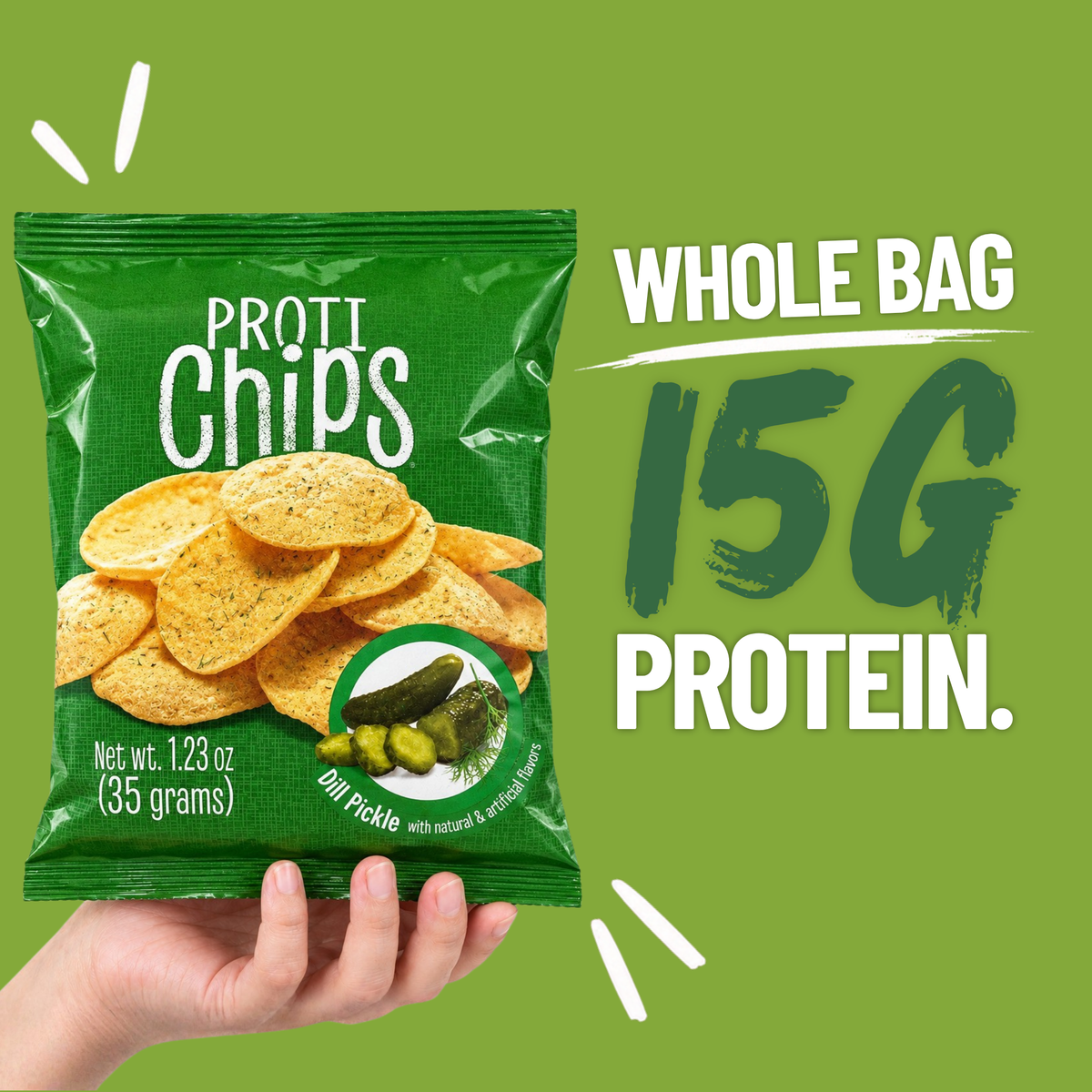 Proti Chips Dill Pickle chips with 15g of protein.