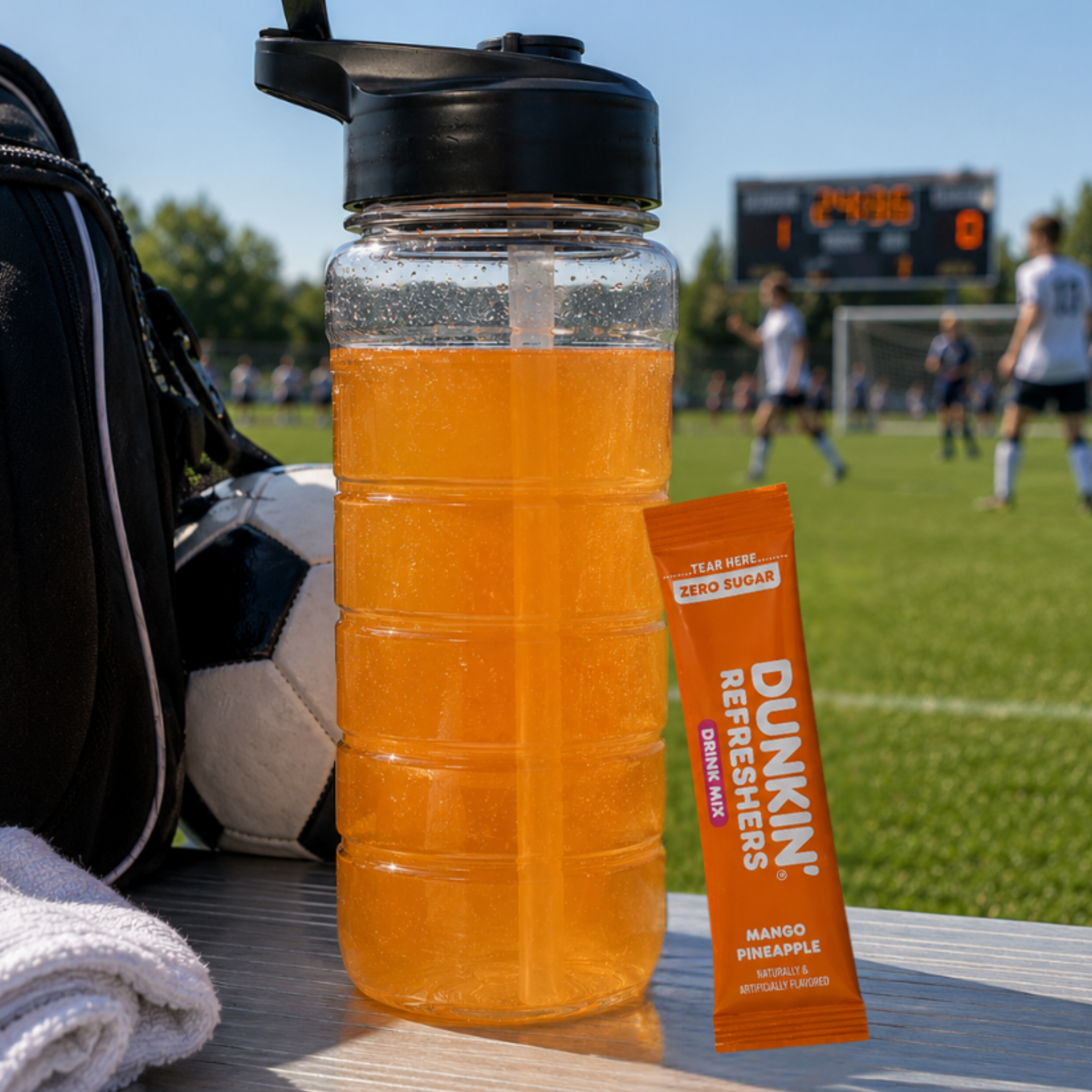 A clear plastic water bottle filled with orange drink sits on a table at a soccer field, with a Dunkin' Refreshers coffee rod packet placed in front of it. A soccer ball, towel, and sports bag are visible, with players and a scoreboard blurred in the background.