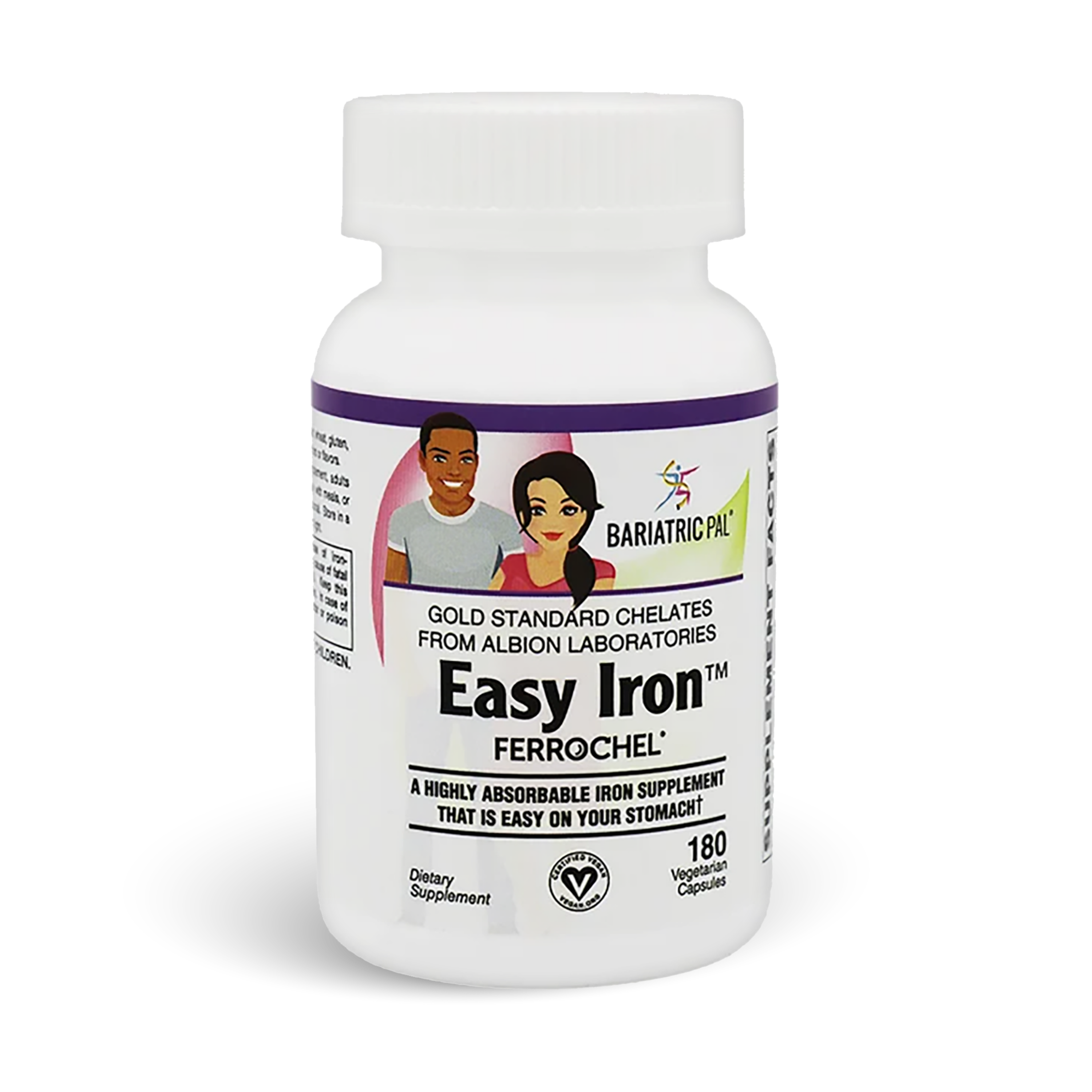 Bottle of BariatricPal Easy Iron with Ferrochel, a highly absorbable iron supplement designed to be gentle on the stomach. Contains 180 vegetarian capsules.
