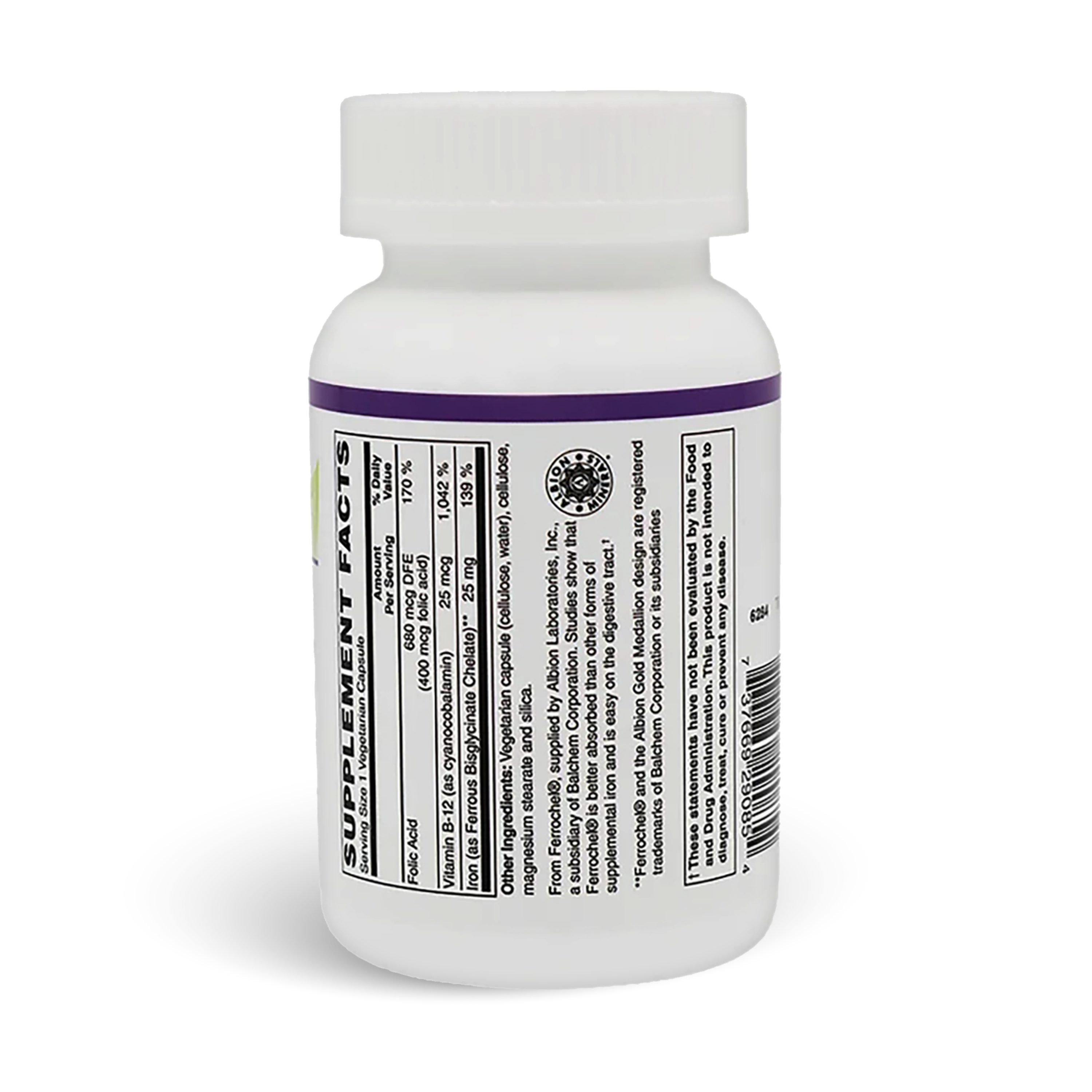 Supplement Facts from bottle of BariatricPal Easy Iron with Ferrochel supports healthy iron levels, red blood cell production, energy and vitality while remaining gentle on the stomach.