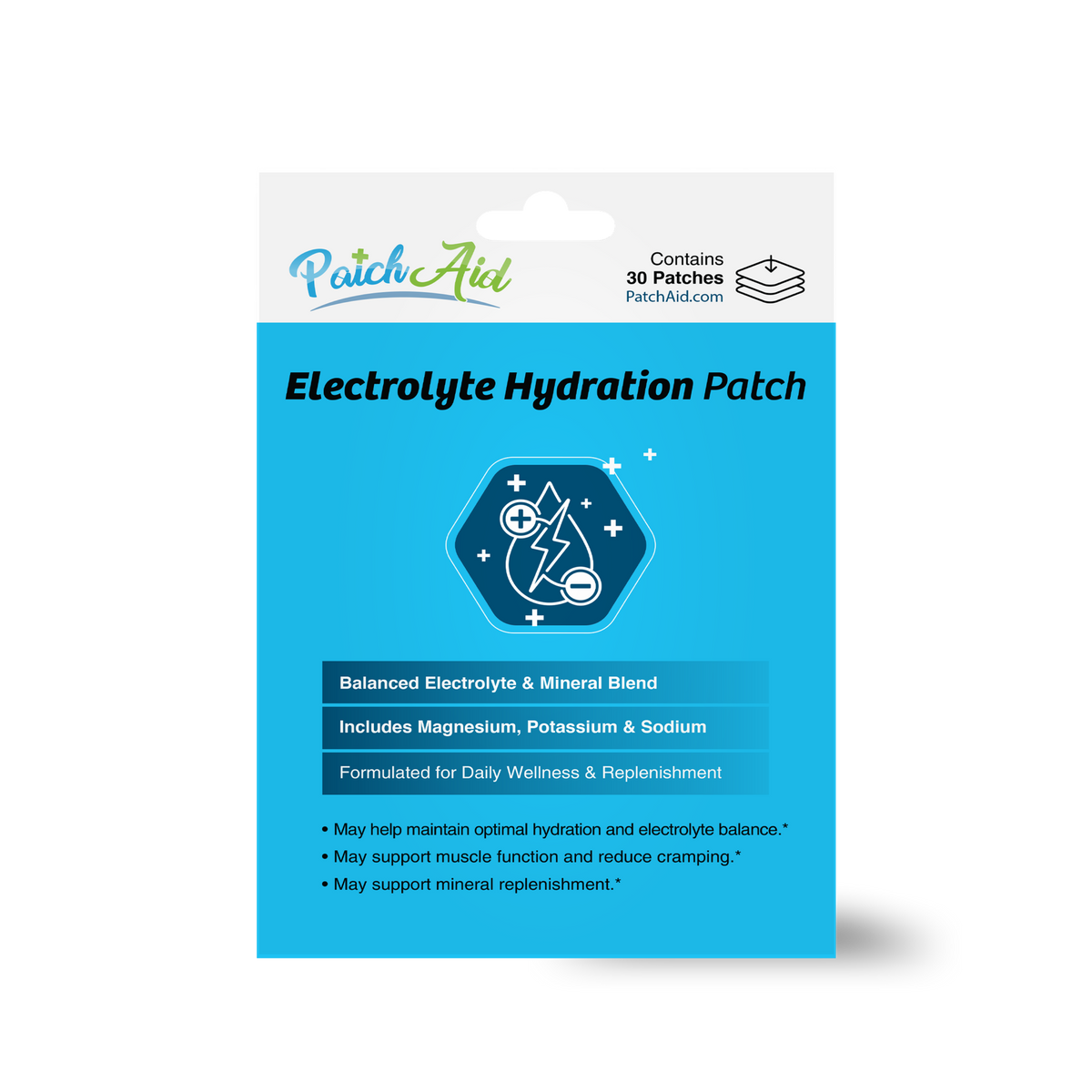 Electrolyte Hydration Patches with magnesium, potassium and sodium for hydration and mineral replenishment. Contains 30 patches.