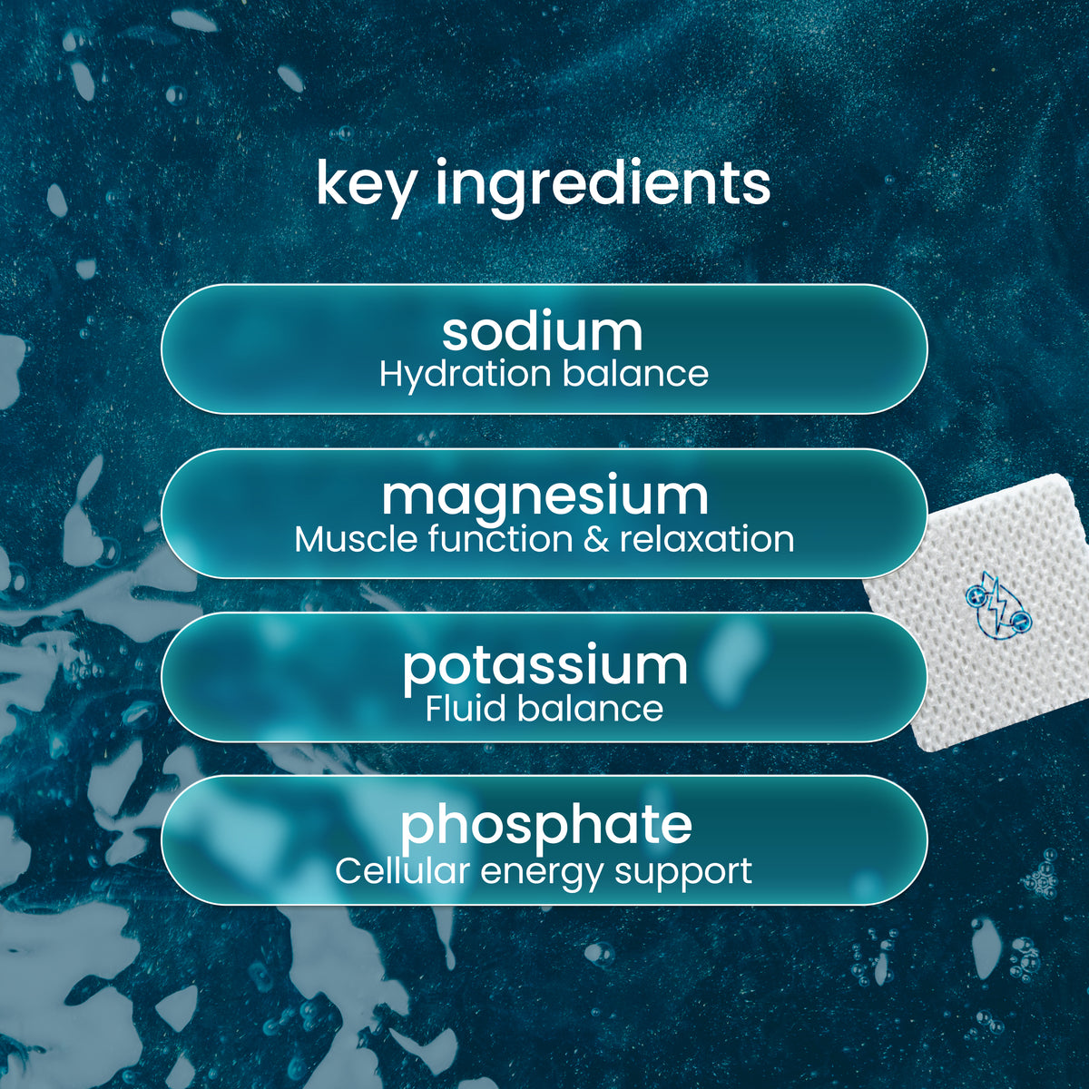 Electrolyte Hydration Patches with magnesium, potassium and sodium for hydration and mineral replenishment.