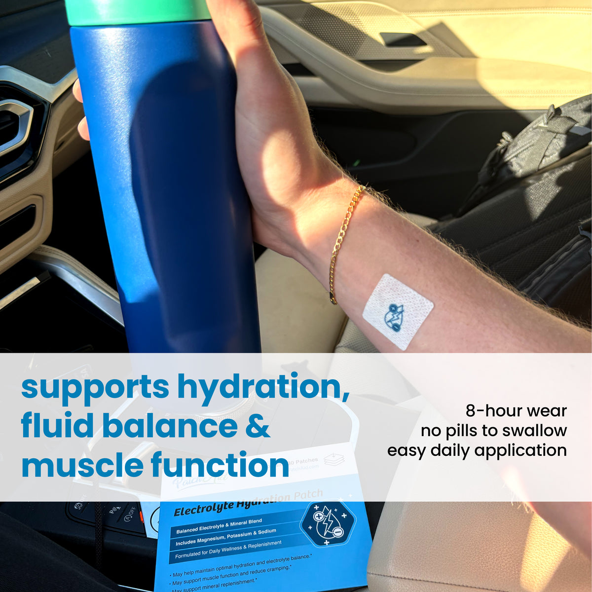 Electrolyte Hydration Patches with magnesium, potassium and sodium for hydration and mineral replenishment.