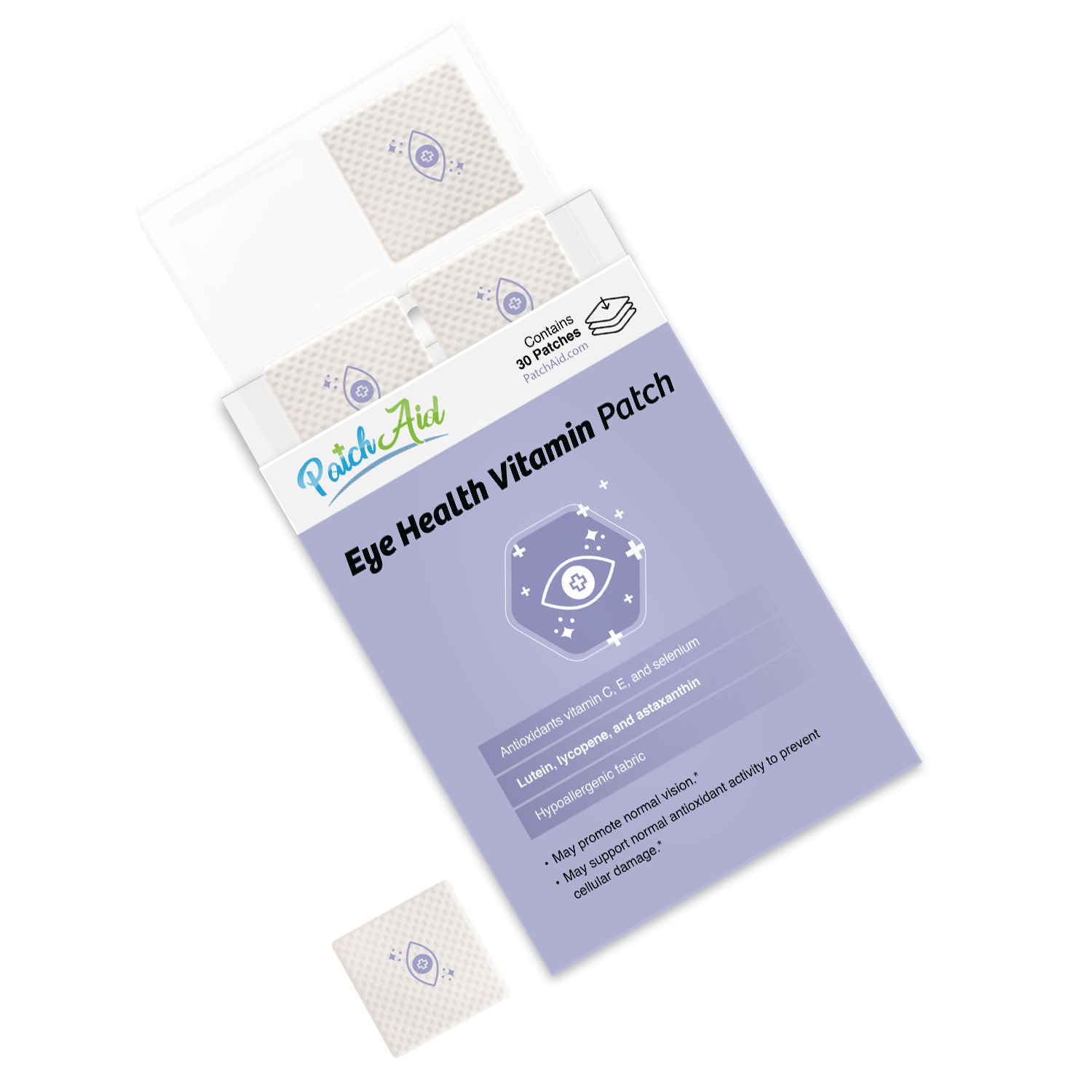 A box of Eye Health Vitamin Patches is displayed, showing the product name and benefits, with one patch partially visible outside the box, emphasizing its antioxidant ingredients for eye care.