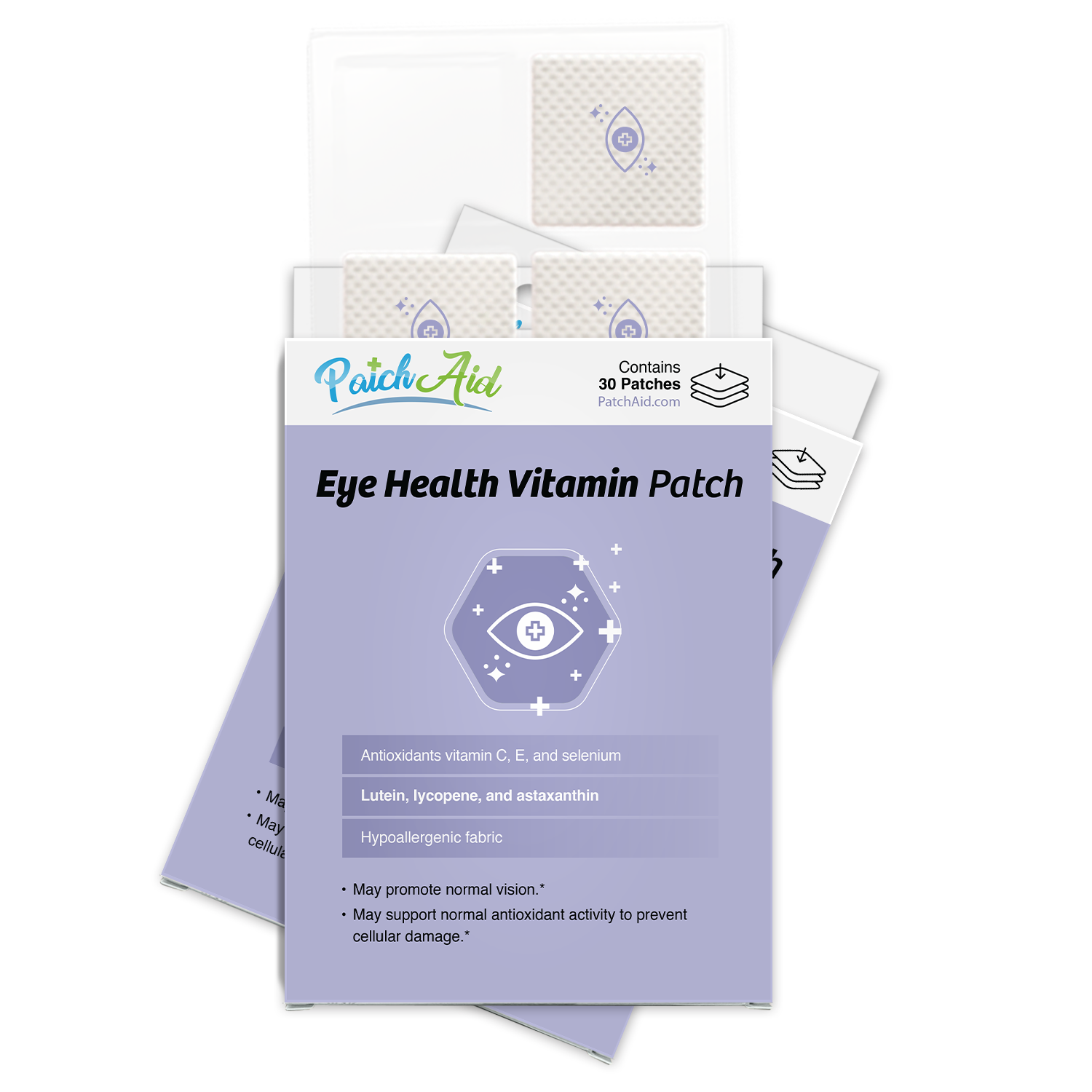A package of Eye Health Vitamin Patches from PatchAid, featuring a light purple background with text highlighting benefits and ingredients, displays three patches in a clear tray on top.