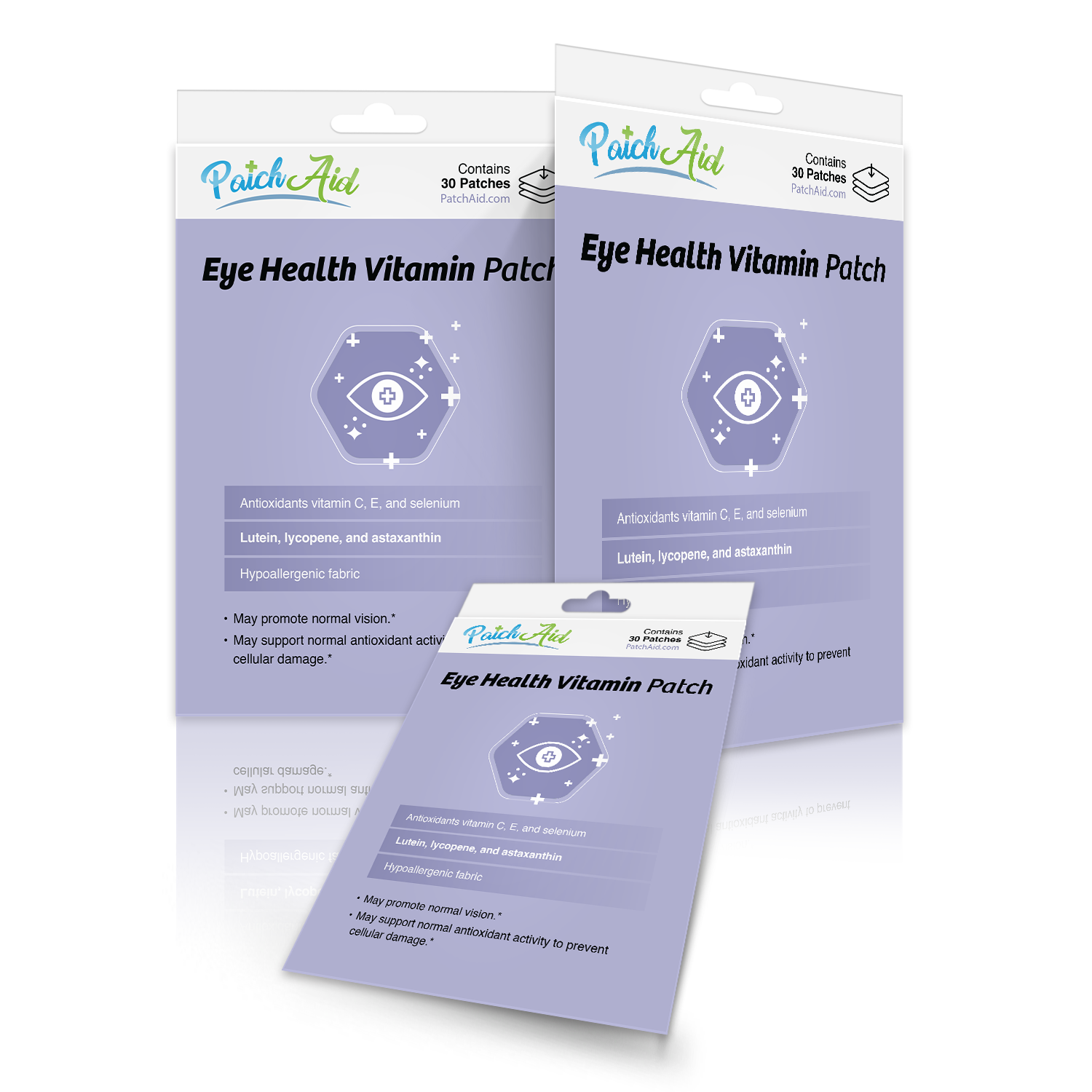 Three packages of "Eye Health Vitamin Patch" by PatchAid are displayed, featuring a purple background, product details, and claims about antioxidants and eye health benefits.