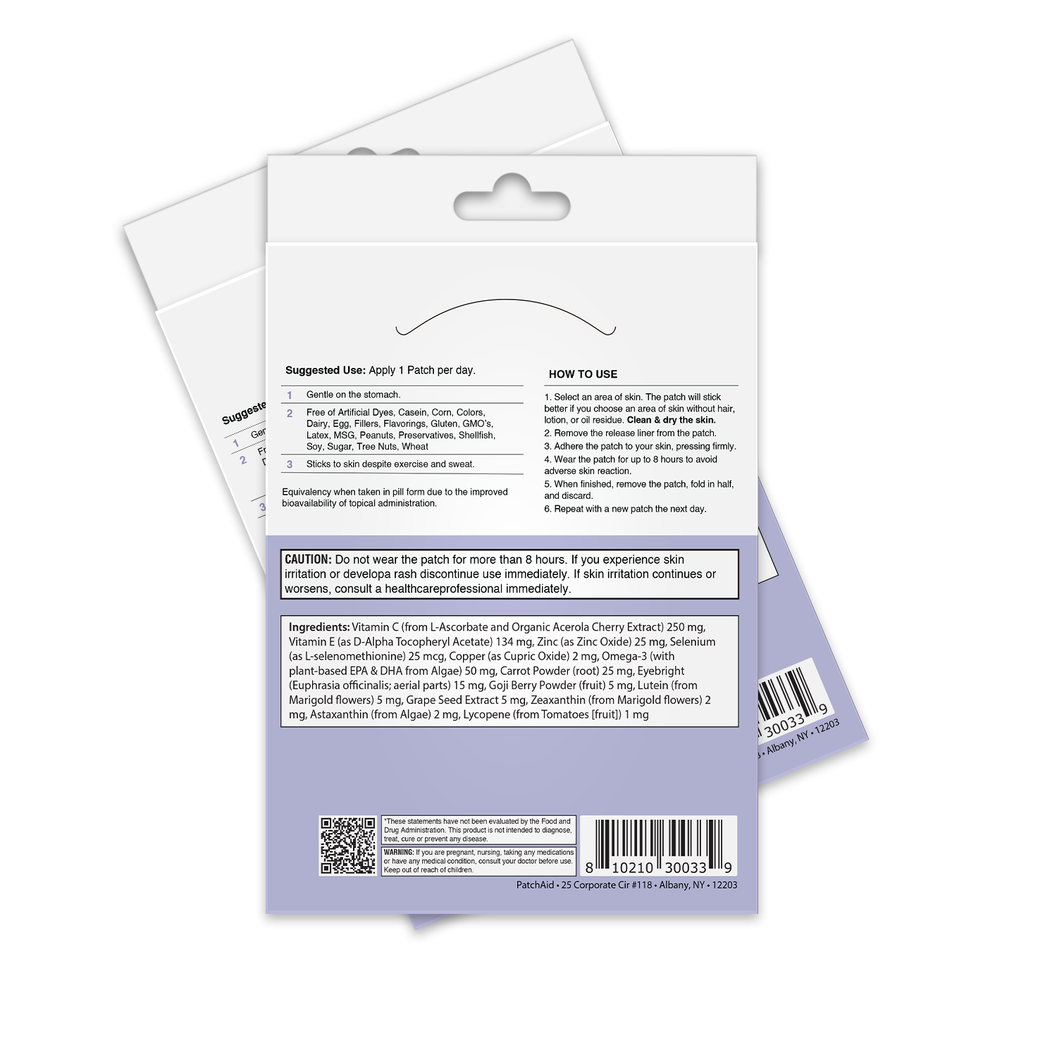 A product packaging for a skin patch, featuring instructions for use and a list of ingredients, displayed against a plain background, emphasizing its application and benefits for skin health.