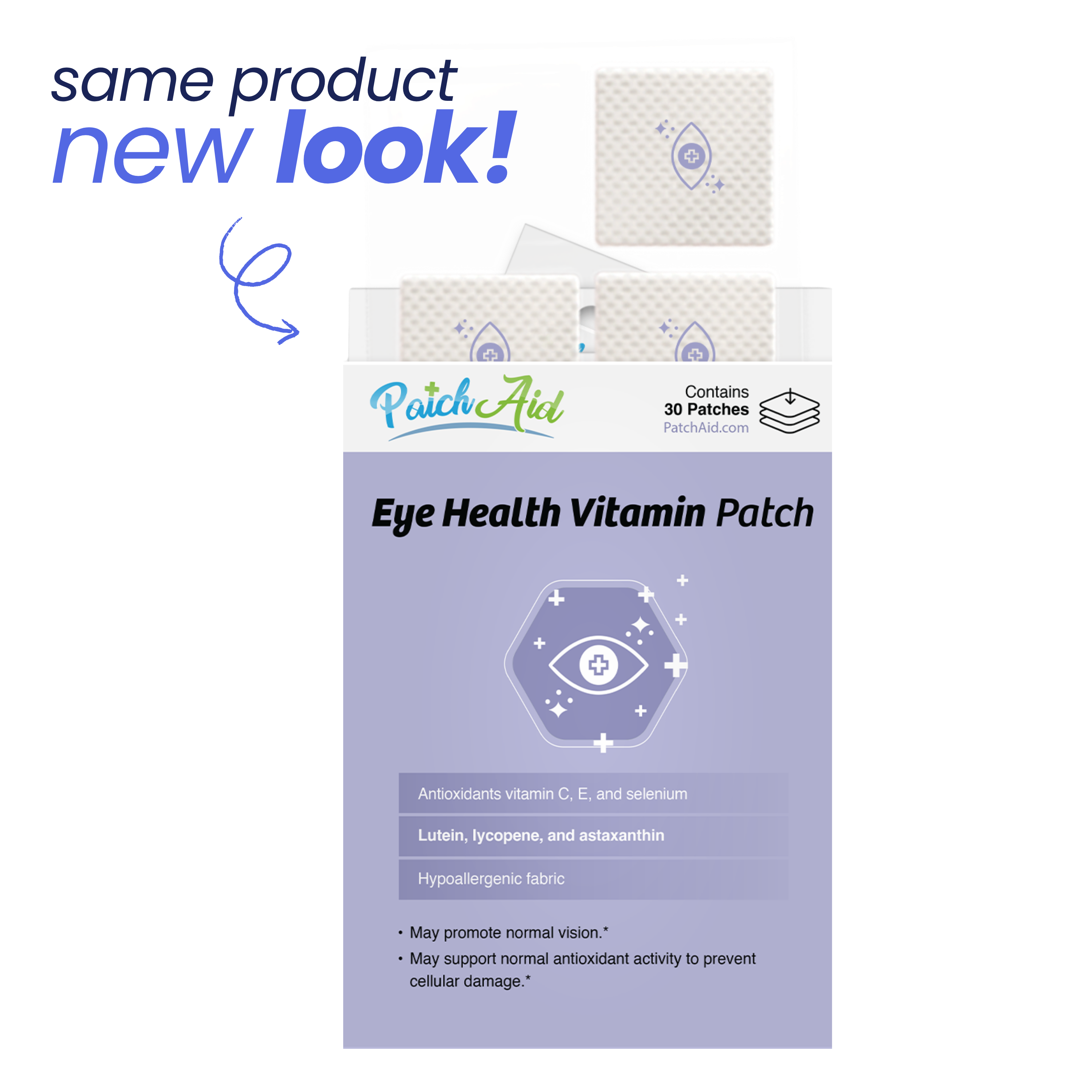 A box of PatchAid Eye Health Vitamin Patches is displayed, featuring a new design, with text highlighting ingredients and benefits, set against a dark background.