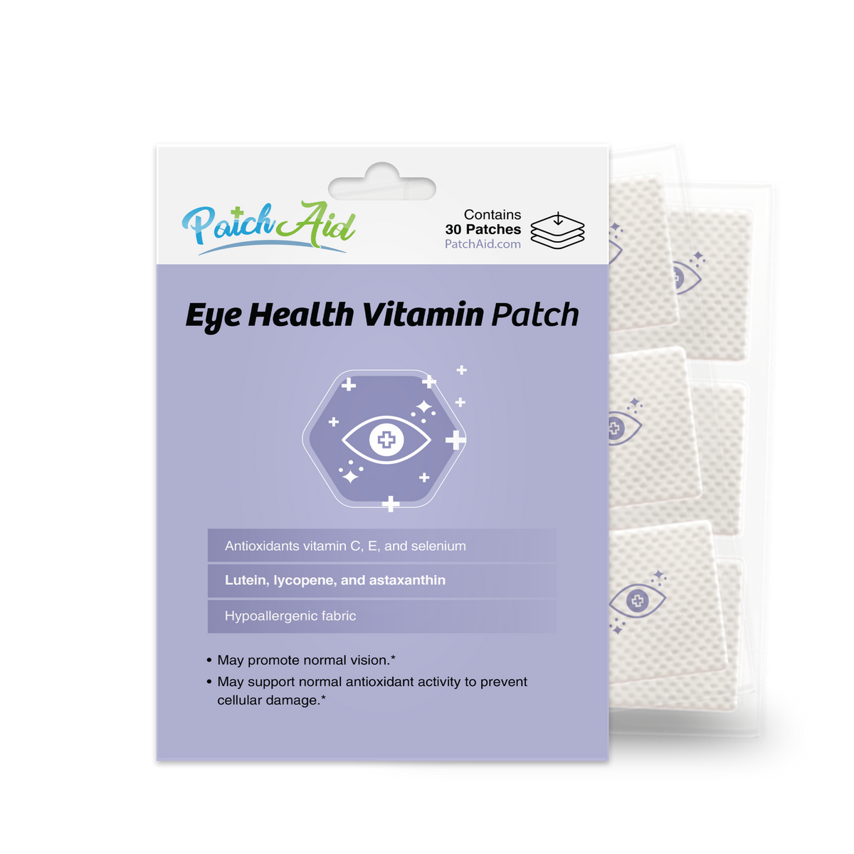 A package of Eye Health Vitamin Patches is displayed, featuring a hexagonal eye graphic, and lists ingredients like vitamins C, E, and selenium, along with benefits for vision and cellular health.