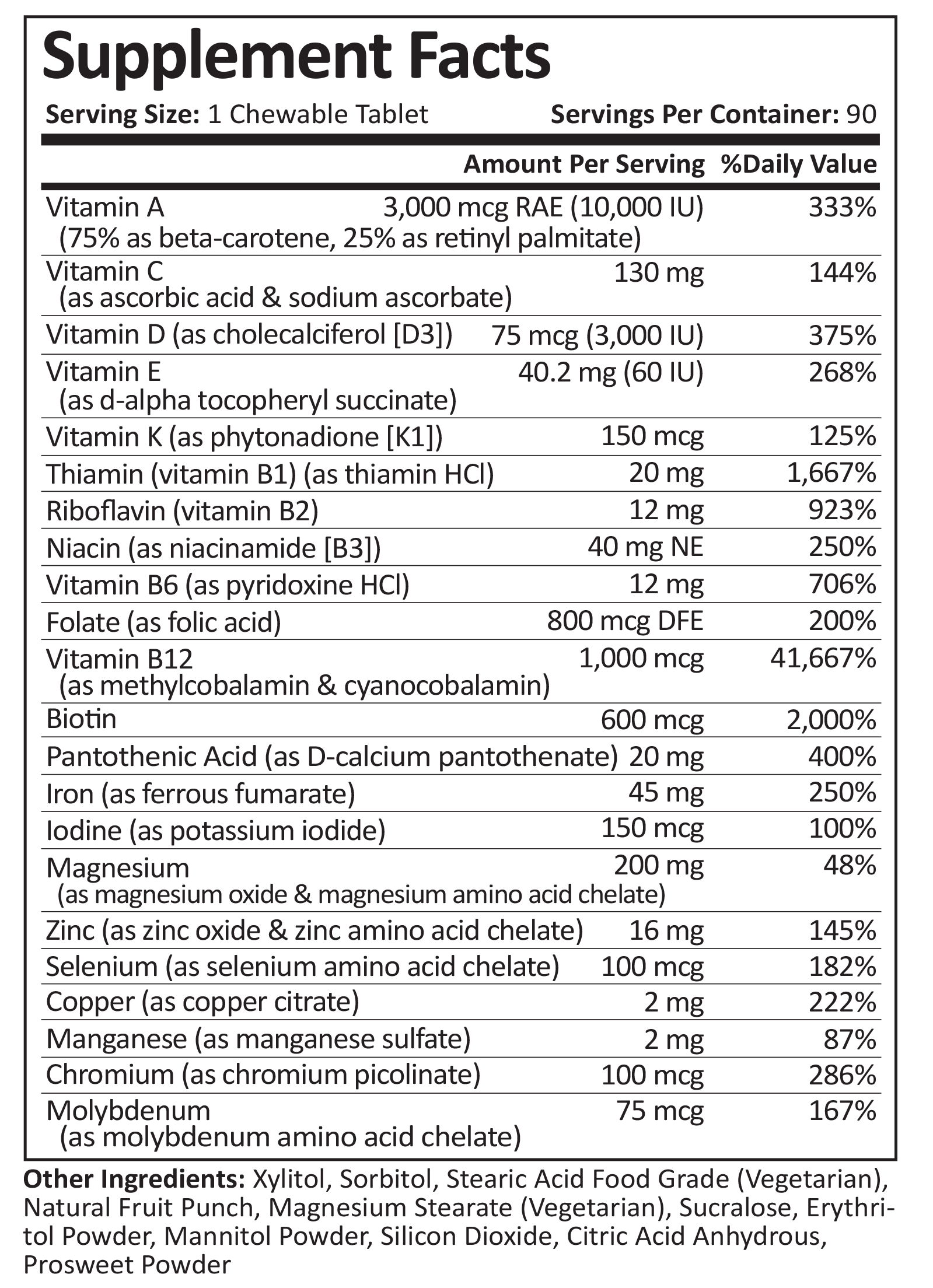 ProCare Health "1 per Day!" Bariatric MultiVitamin with 45mg Iron, Fruit Punch Flavor, 30 Chewable Tablets