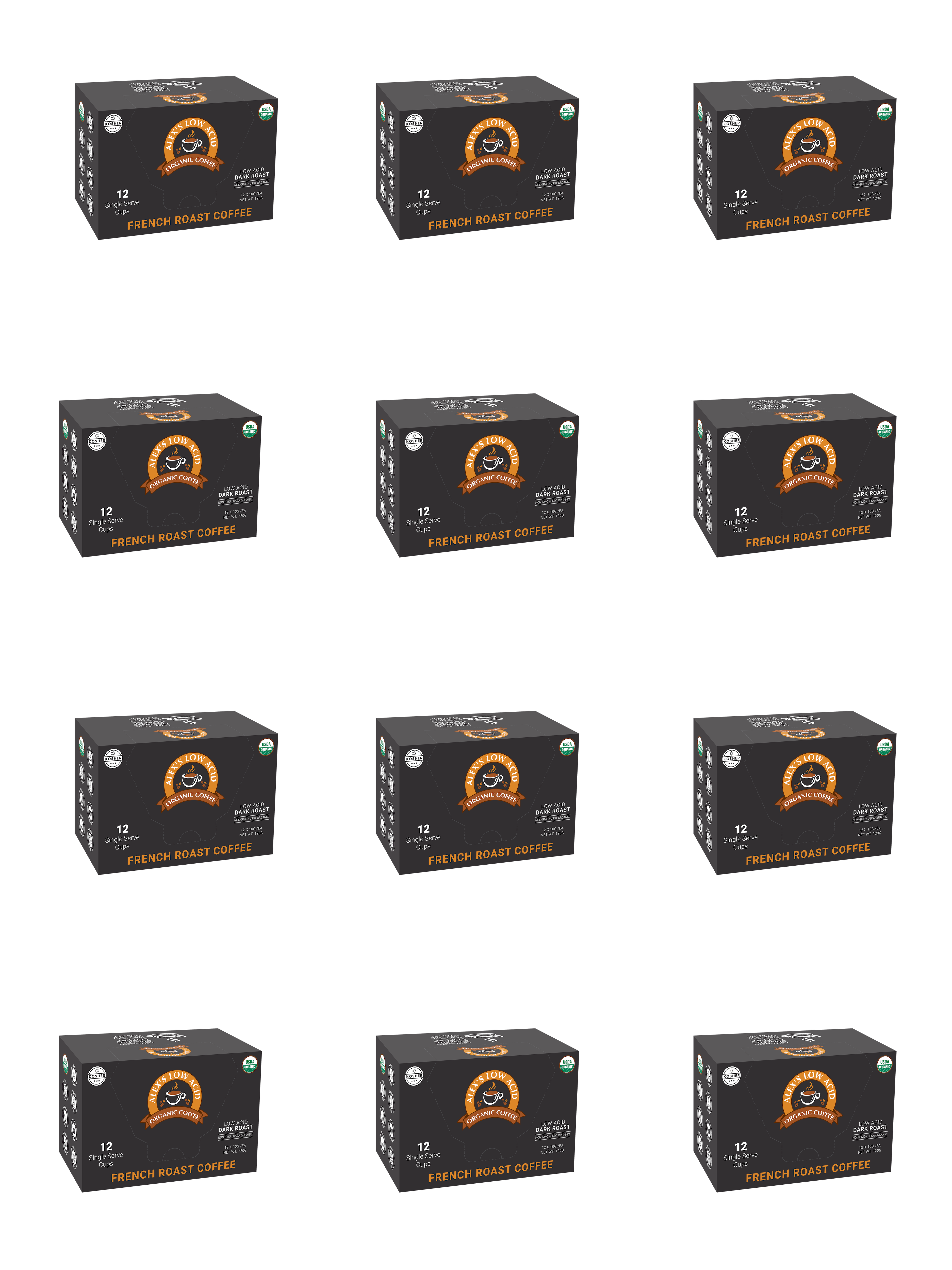 Twelve boxes of organic French roast coffee are arranged in a grid, each labeled with "12 Single Serve" and featuring a logo, set against a black background.