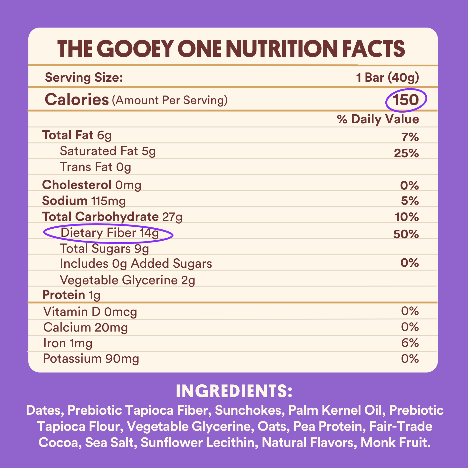 Nutrition facts for "The Gooey One" bar highlight a serving size of 40g, listing 150 calories, 14g of dietary fiber, and ingredients like dates, oats, and pea protein on a purple background.