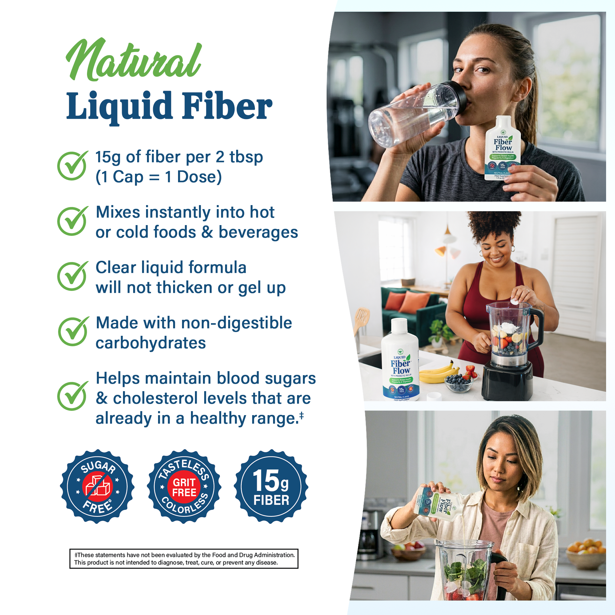 A woman drinks from a bottle of liquid fiber while another prepares a smoothie in a bright kitchen, highlighting the product's benefits for mixing into foods and beverages.