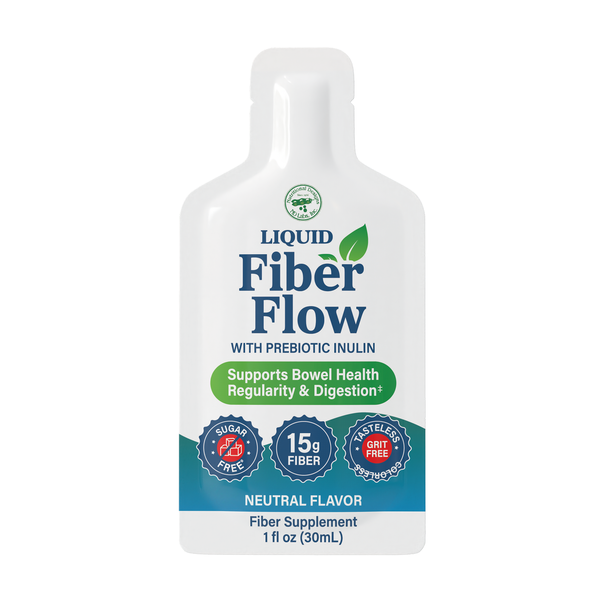 A white liquid fiber supplement pouch labeled "Fiber Flow" with prebiotic inulin, highlighting benefits for bowel health, containing 15g of fiber, and marked as sugar-free and tasteless.