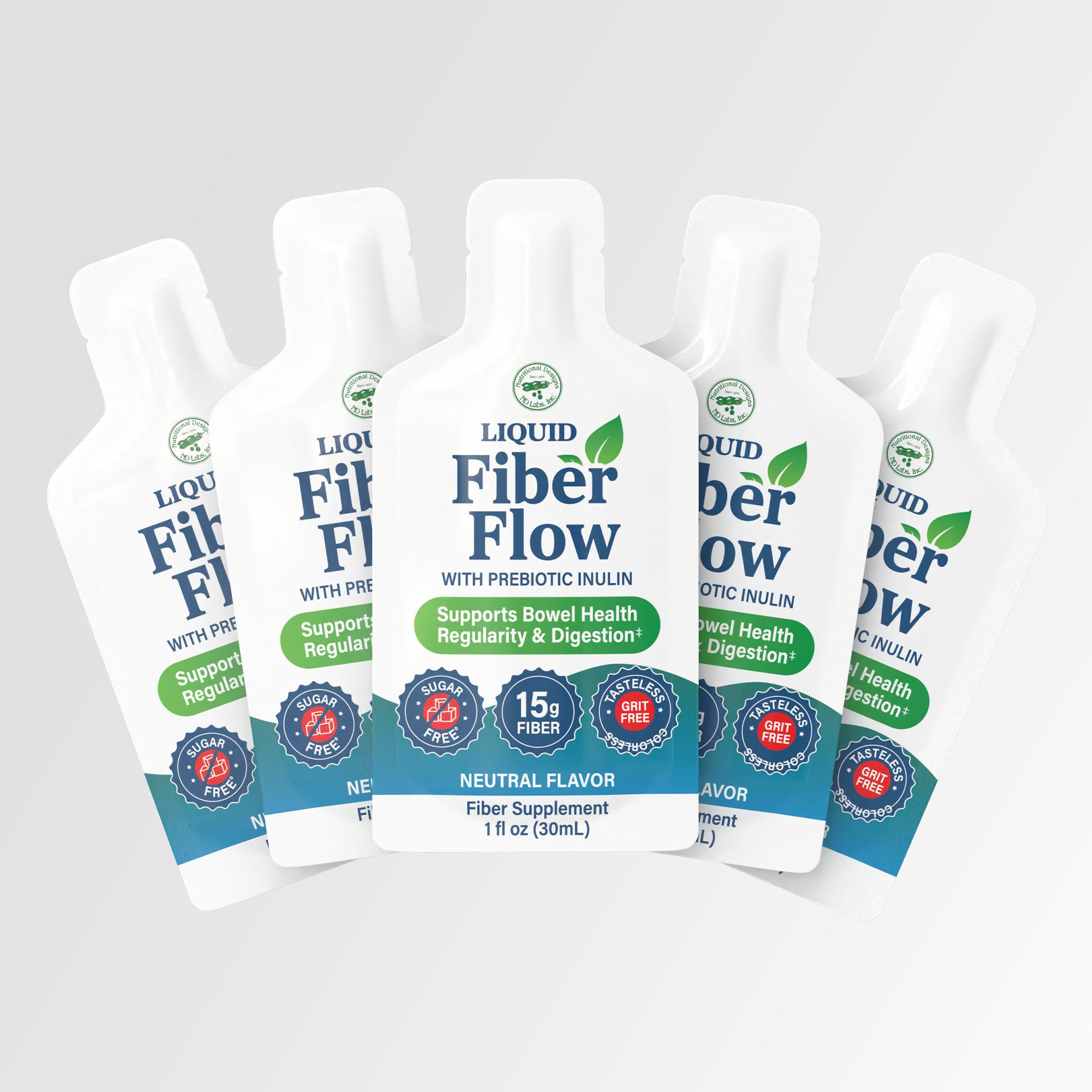 Five bottles of Liquid Fiber Flow with prebiotic inulin are displayed, featuring a neutral flavor, promoting bowel health, and highlighting benefits like being sugar-free and containing 15 grams of fiber.