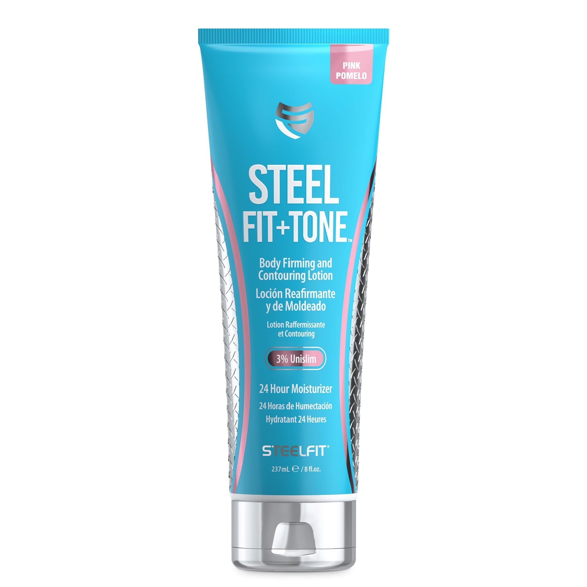 A turquoise tube of Steel Fit + Tone body firming and contouring lotion, labeled "Pink Pomelo," features a silver design and highlights benefits like 24-hour moisturization and 3% Unislim.