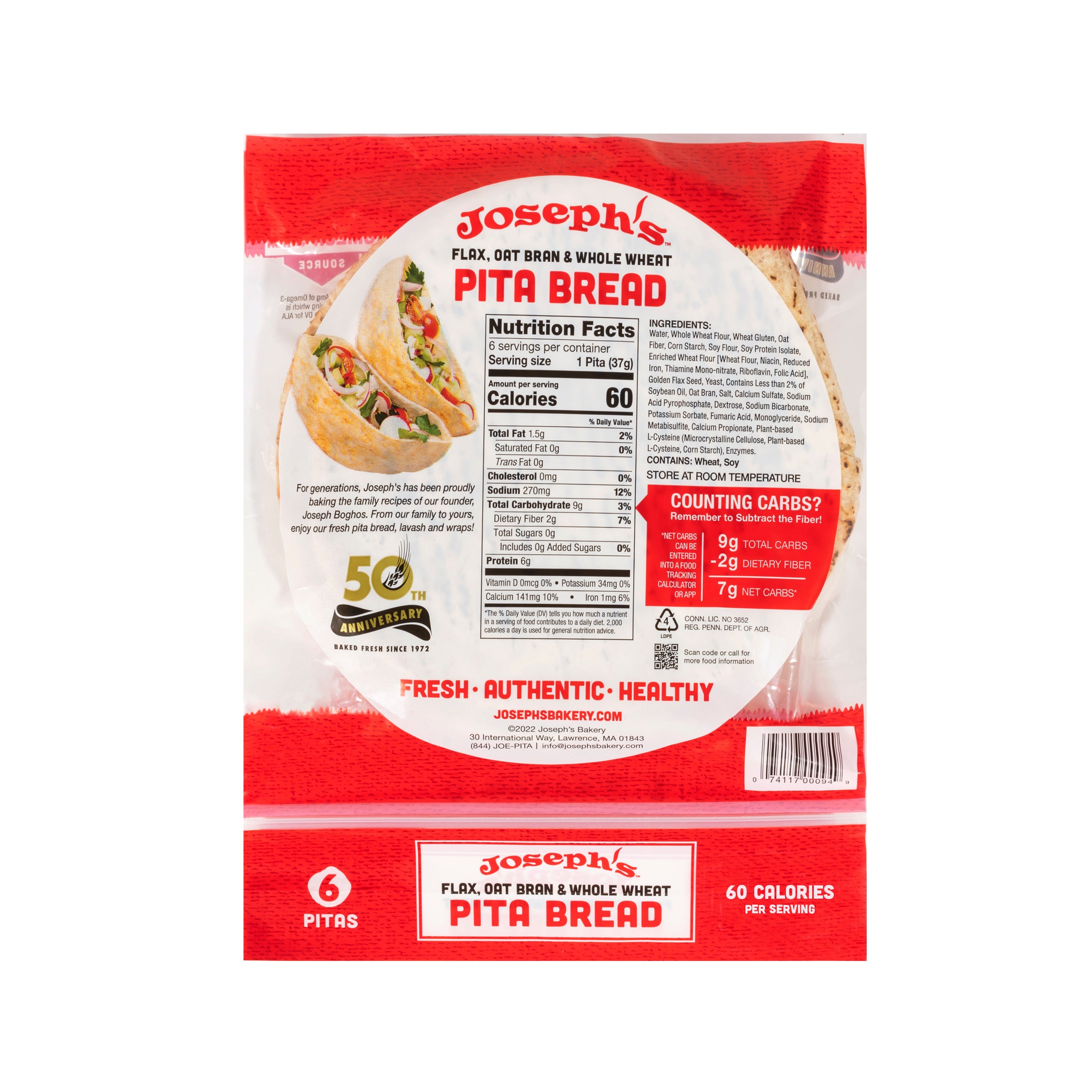 Joseph's Bakery Flax Oat Bran & Whole Wheat Pita Bread