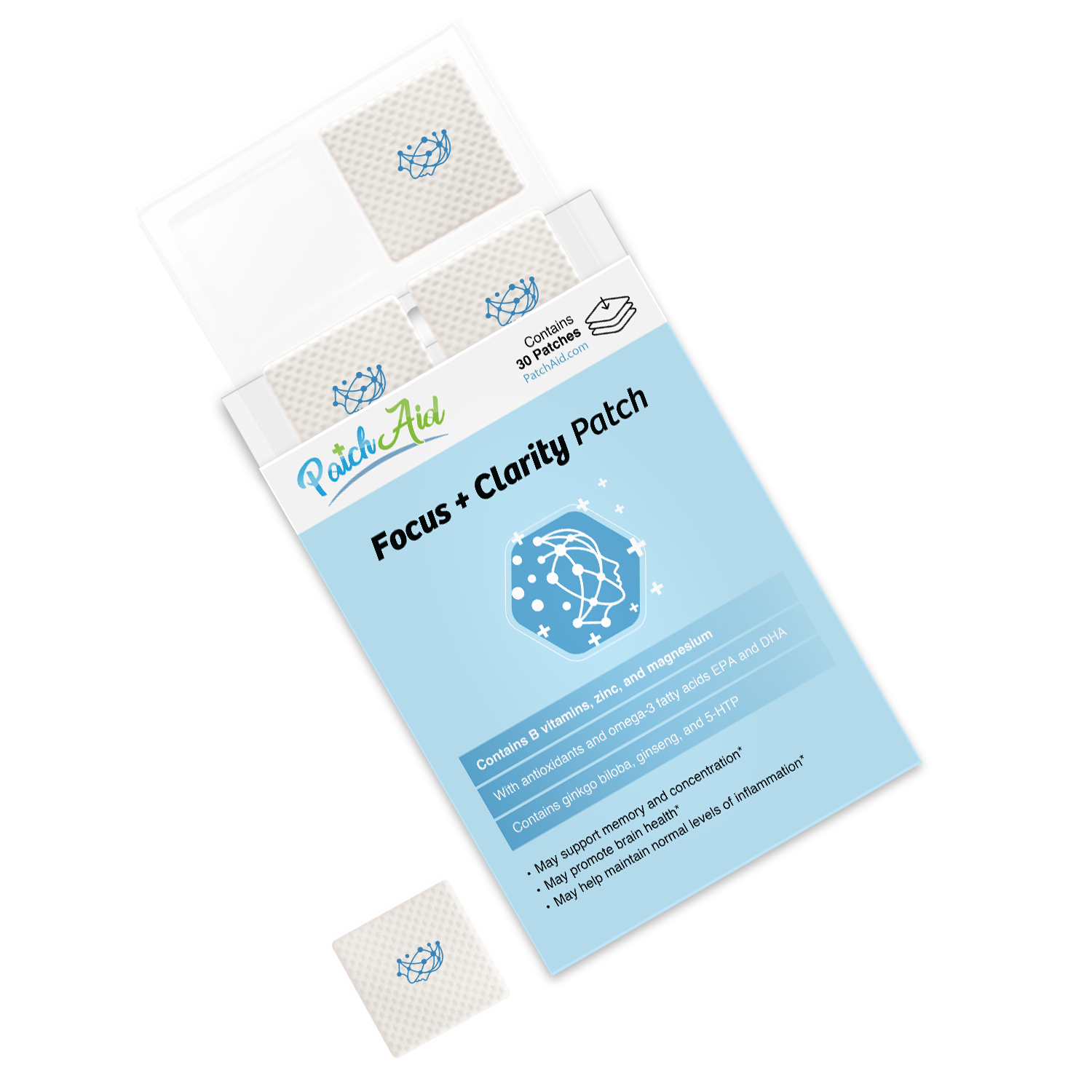 A box of Focus + Clarity Patches is displayed, featuring a light blue label with health benefits, and one patch is partially visible outside the box, emphasizing its focus on enhancing memory and concentration.