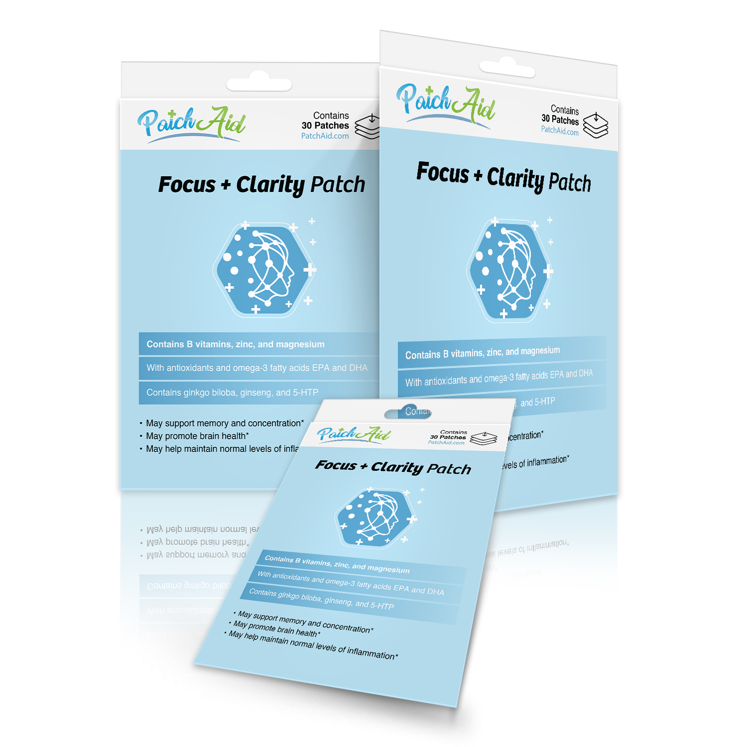 Three packages of "Focus + Clarity Patch" are displayed, featuring a blue design, listing ingredients like B vitamins and ginkgo biloba, and highlighting benefits for memory and brain health.