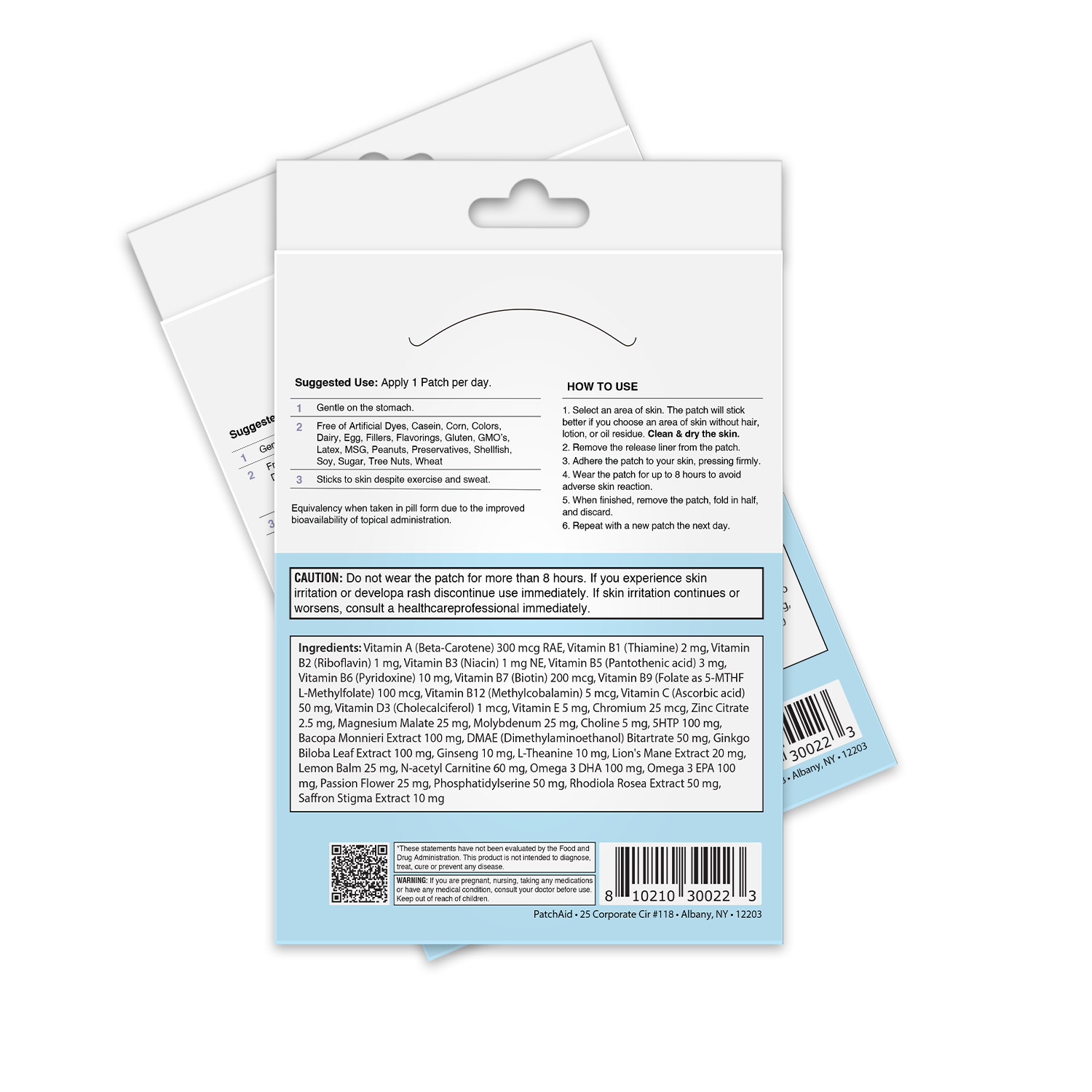 The image shows the back of a skincare patch package, detailing usage instructions, ingredients, and warnings, with a clean, modern design featuring a white background and colorful accents.
