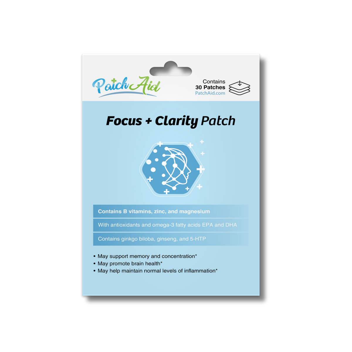 A product package for "Focus + Clarity Patch" features a light blue background, includes a hexagonal graphic, and lists ingredients and benefits related to memory and brain health.