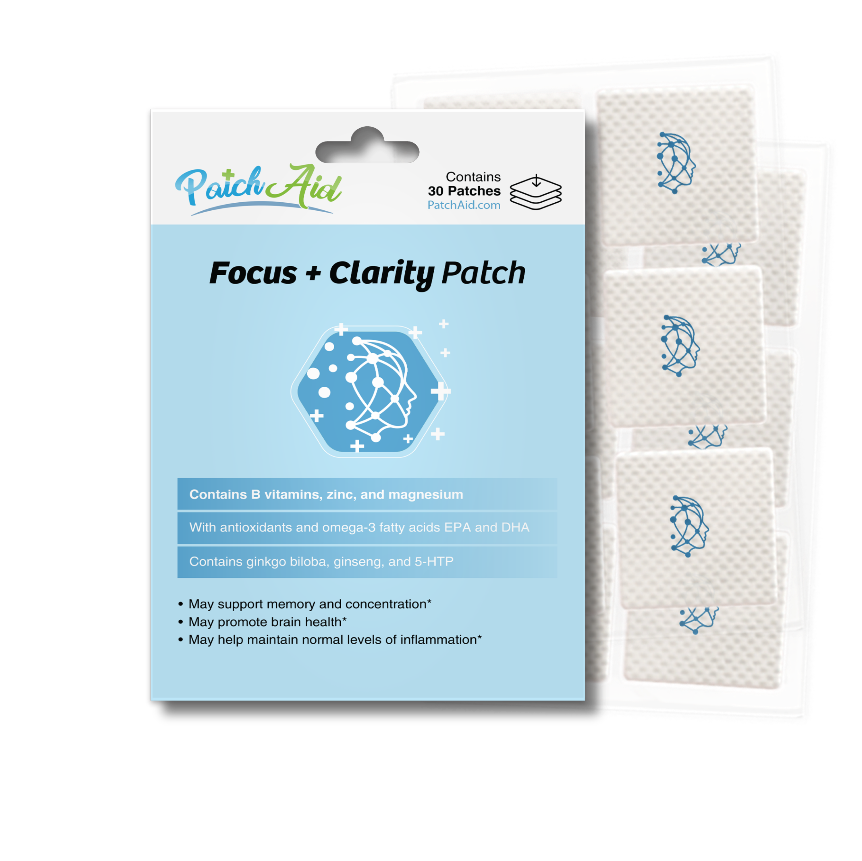 A package of Focus + Clarity Patches, featuring a light blue background with health benefits listed, contains 30 patches designed to support memory and concentration.