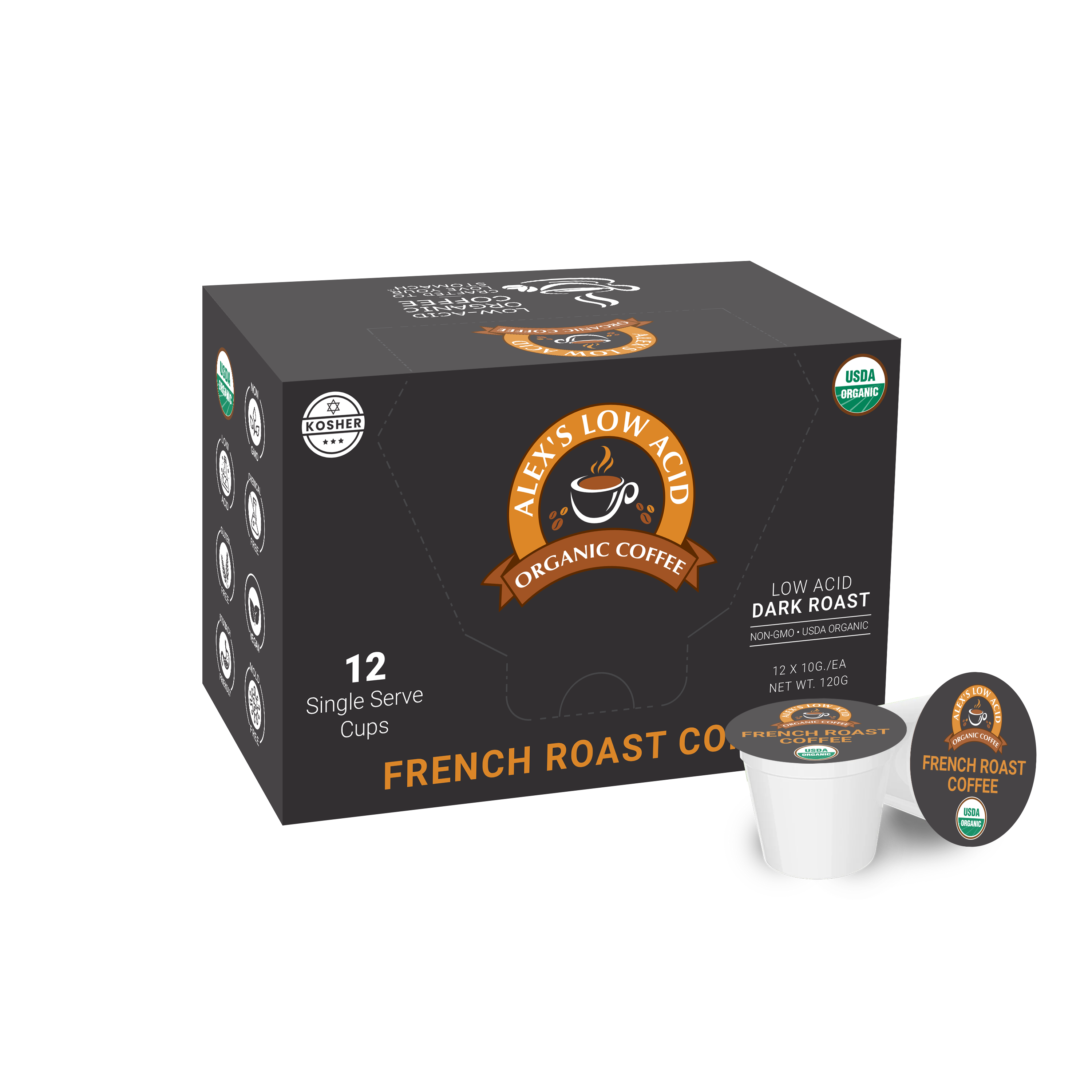 A black box of Alex's Low Acid Organic Coffee contains 12 single-serve cups labeled as French Roast, featuring a logo with a coffee cup and certification symbols for USDA Organic and Kosher.