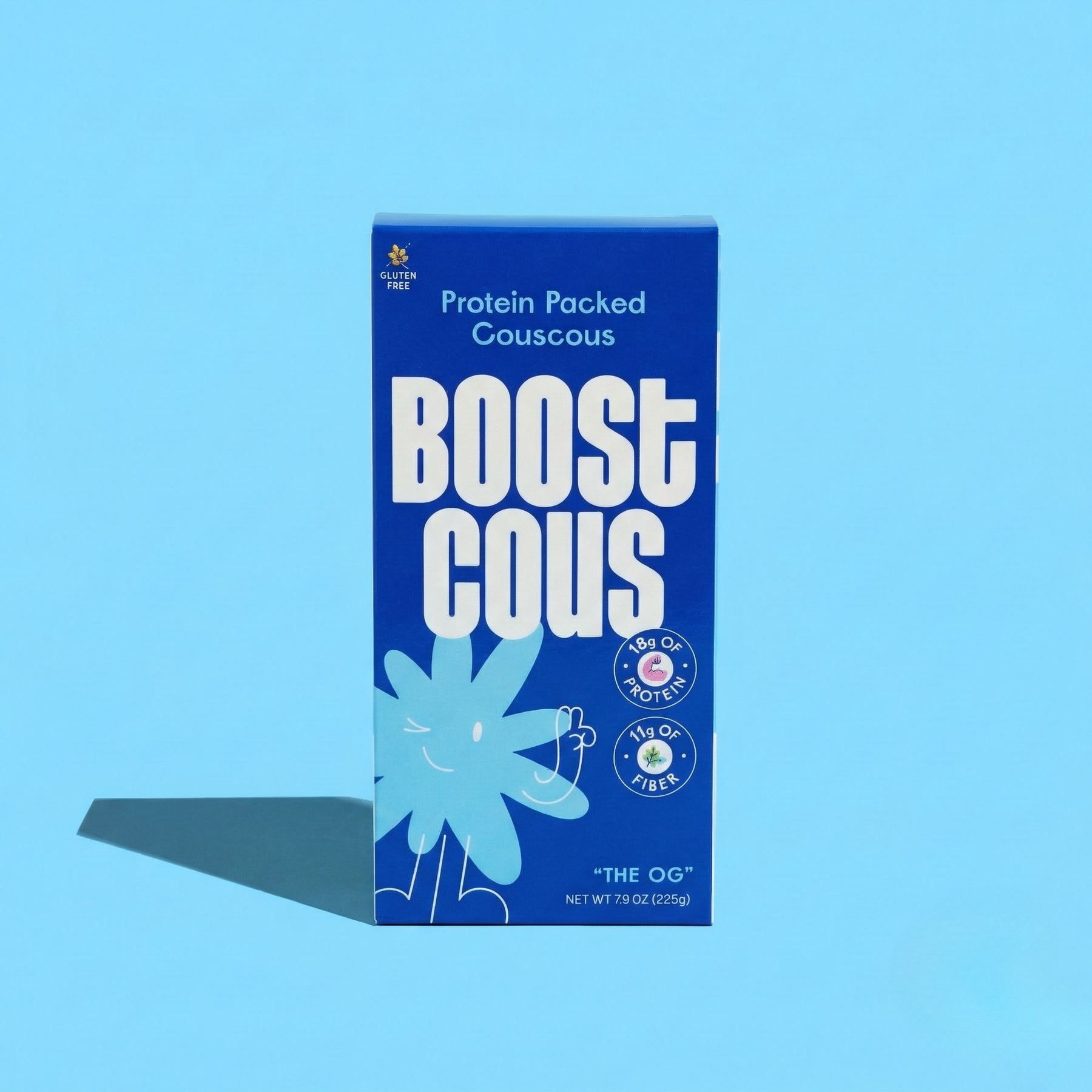 A bright blue box labeled "BOOST COUS" features a playful character and highlights "Protein Packed Couscous" with icons showing 18g of protein and 16g of fiber, set against a solid blue background.