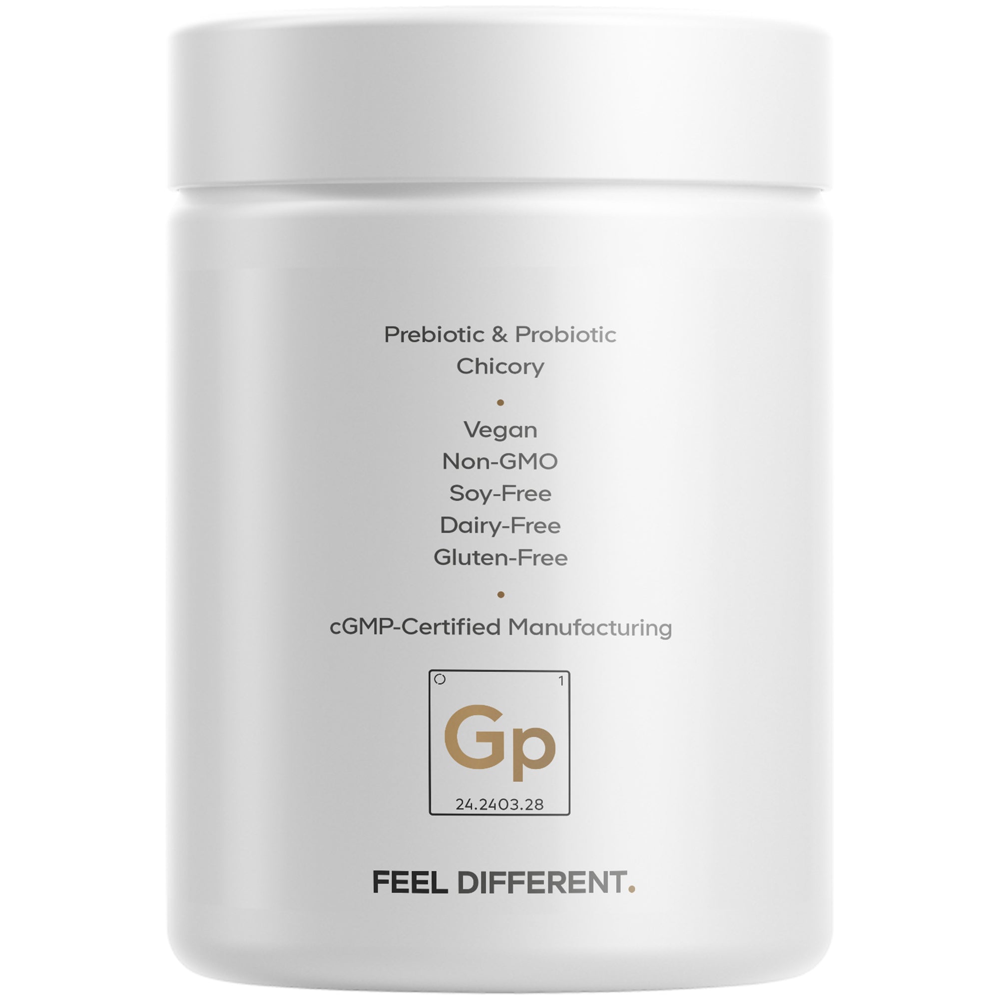 A white container labeled "Prebiotic & Probiotic Chicory" highlights its vegan, non-GMO, soy-free, dairy-free, and gluten-free features, with a cGMP certification and the phrase "FEEL DIFFERENT."