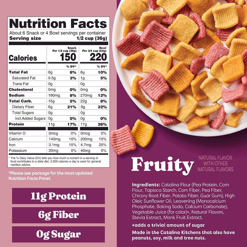 A colorful assortment of crunchy, fruity snack pieces is displayed on a white plate, accompanied by a nutrition facts label detailing ingredients and nutritional information.