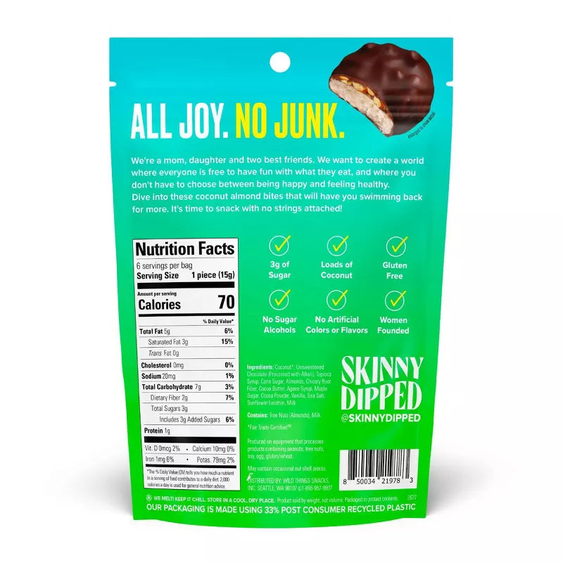 A turquoise snack bag features the text "ALL JOY. NO JUNK." with nutrition facts and highlights about the product, which includes coconut almond bites that are gluten-free and low in sugar.