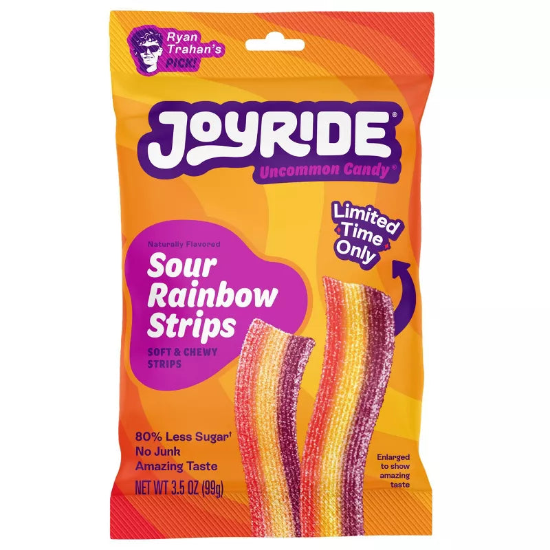 A colorful package of Joyride Sour Rainbow Strips candy features soft, chewy strips in vibrant colors, labeled as naturally flavored and promoting 80% less sugar, with a note for limited availability.