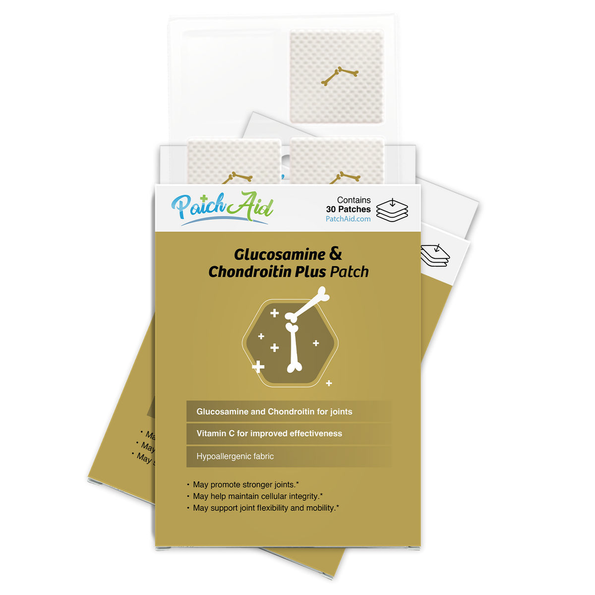 A box of Glucosamine & Chondroitin Plus patches is displayed, featuring 30 patches, with a gold background and text highlighting benefits like joint support and vitamin C for effectiveness.