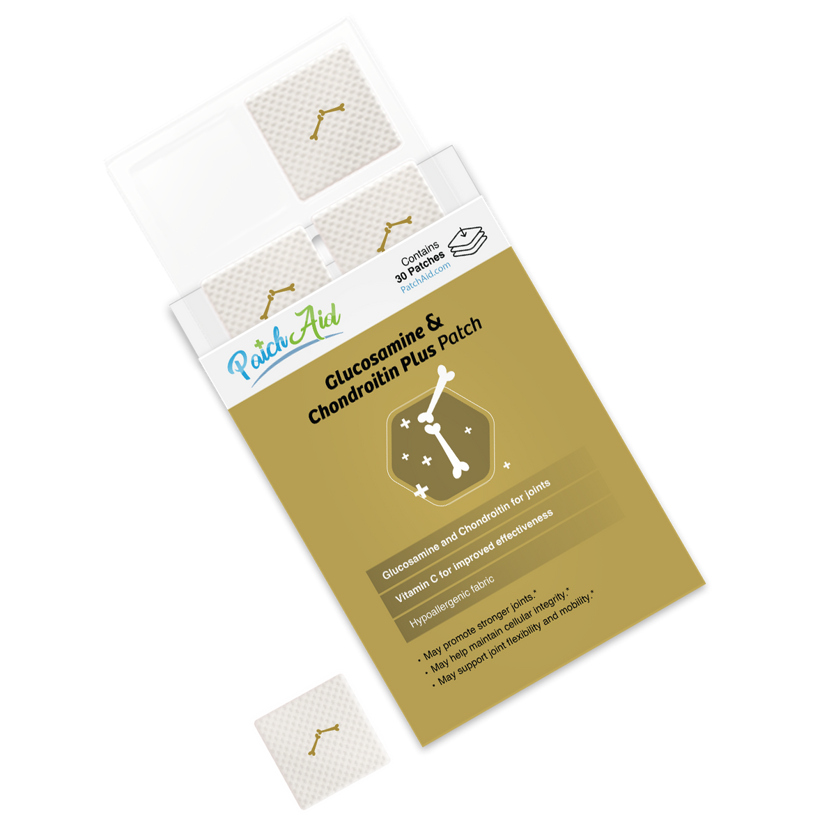 A box of Glucosamine & Chondroitin Plus patches is displayed, featuring a golden background with product details, and showing two patches partially visible in the open package.
