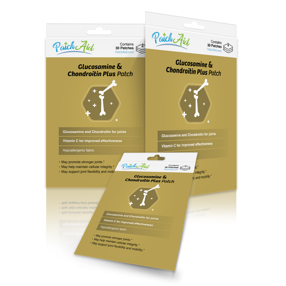 Three packages of PatchAid's Glucosamine & Chondroitin Plus Patch are displayed, highlighting benefits for joint health, with a beige background and clear product information on each package.