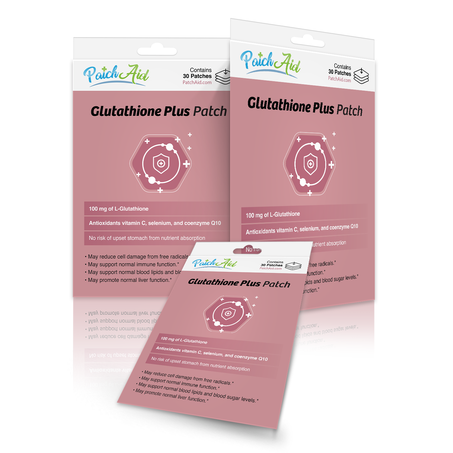Three packages of PatchAid's Glutathione Plus Patch are displayed, highlighting benefits like antioxidants and nutrient absorption, with a pink background and clear product information.