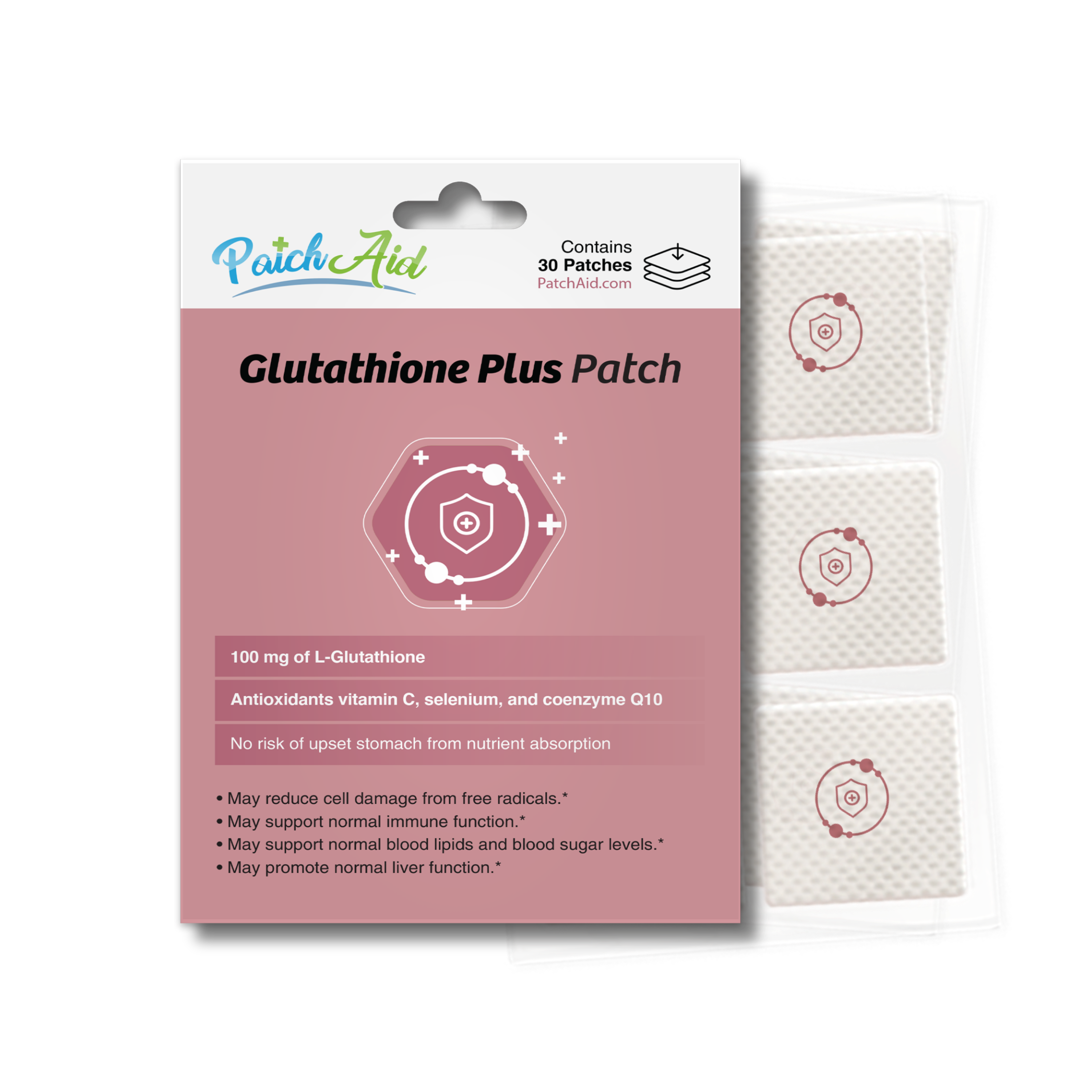 PatchAid Glutathione Plus Patches with 100 mg of L-glutathione, vitamin C, selenium and coenzyme Q10.