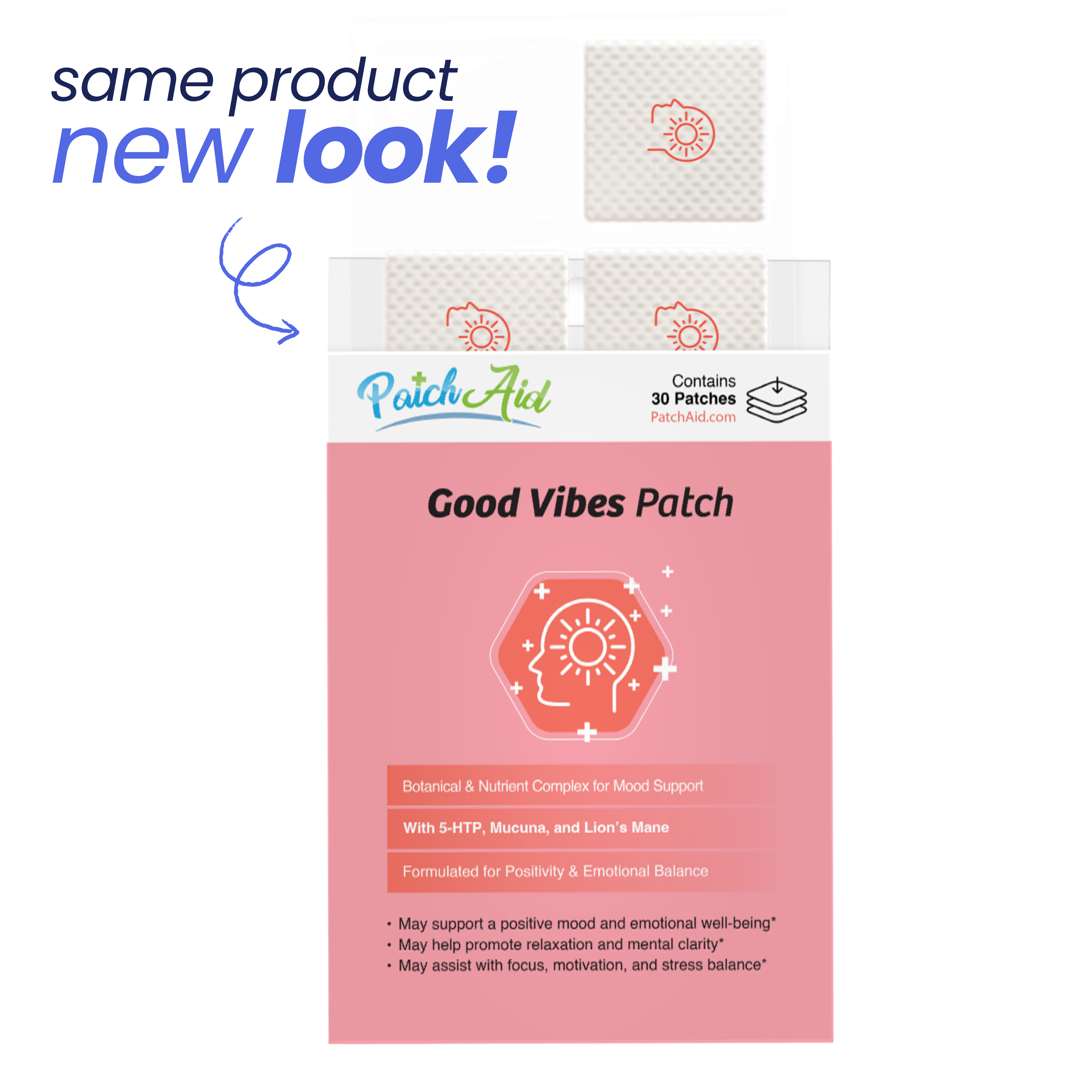 Packaging of 'Good Vibes Patch' with 'Patch Aid' - same product, new look.