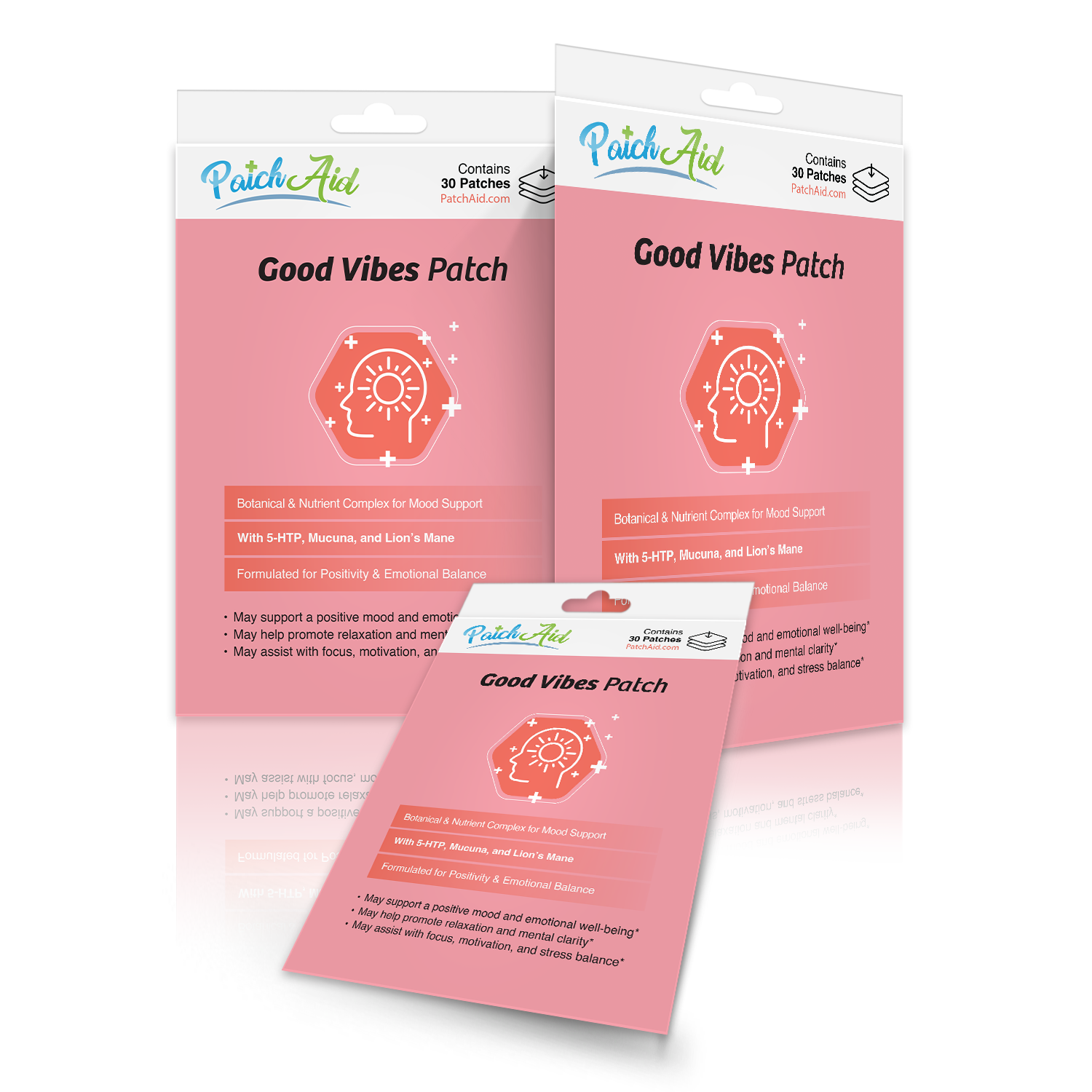Three packages of "Good Vibes Patch" by PatchAid are displayed, featuring a pink background, a hexagonal design with a brain and sun icon, and text highlighting mood support benefits and ingredients.