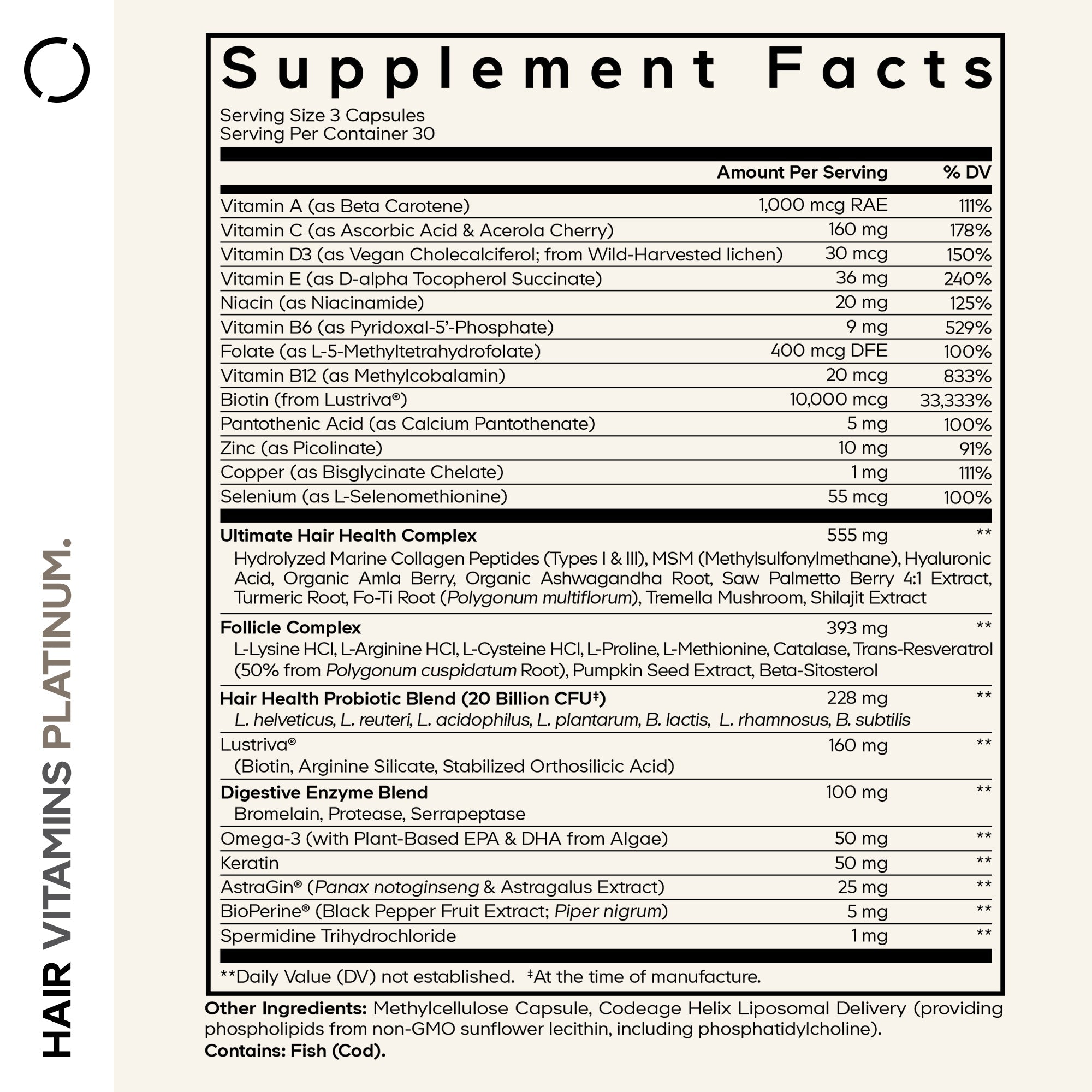 A detailed supplement facts label lists ingredients and nutritional information for a hair health product, highlighting vitamins, minerals, and proprietary blends for hair growth and health.
